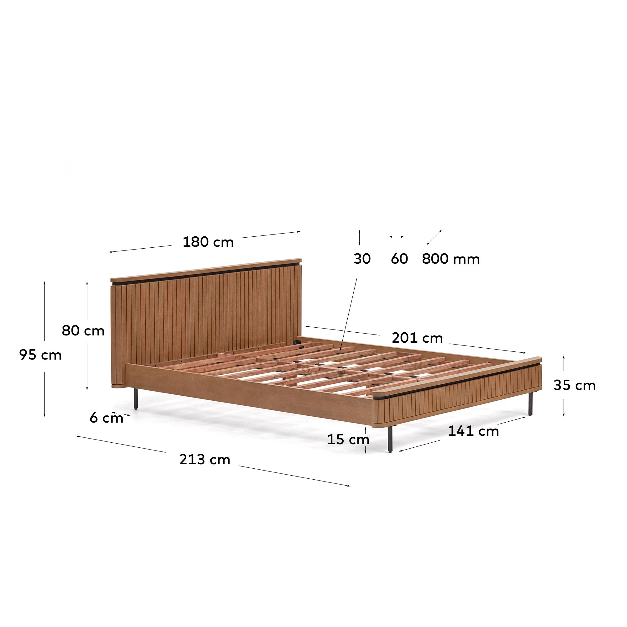 Licia bed made from solid mango wood and black painted metal, for a 160 x 200 cm mattress - Measurements