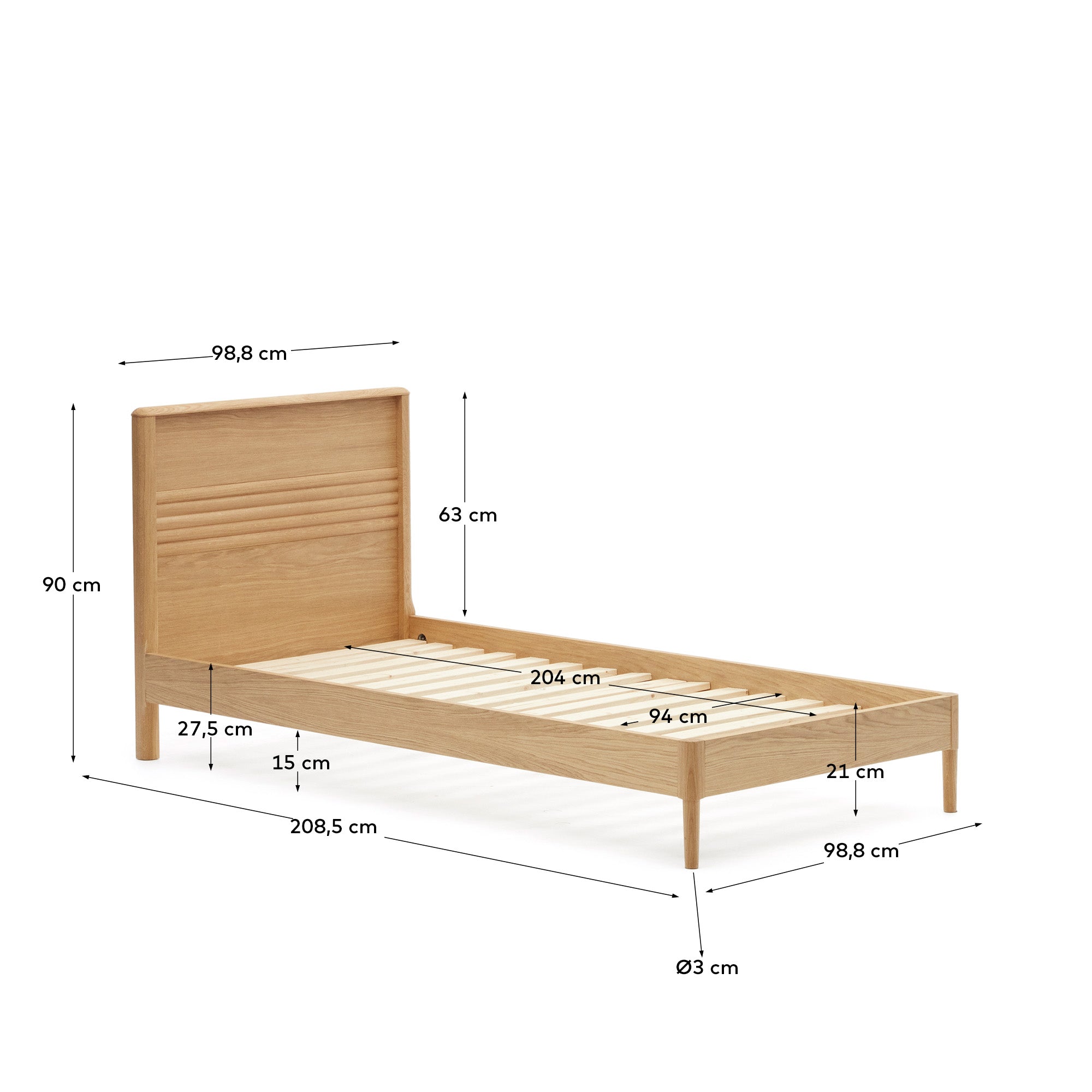 Lenon oak wood and veneer bed for 90 x 200 cm mattress, FSC MIX Credit - Measurements