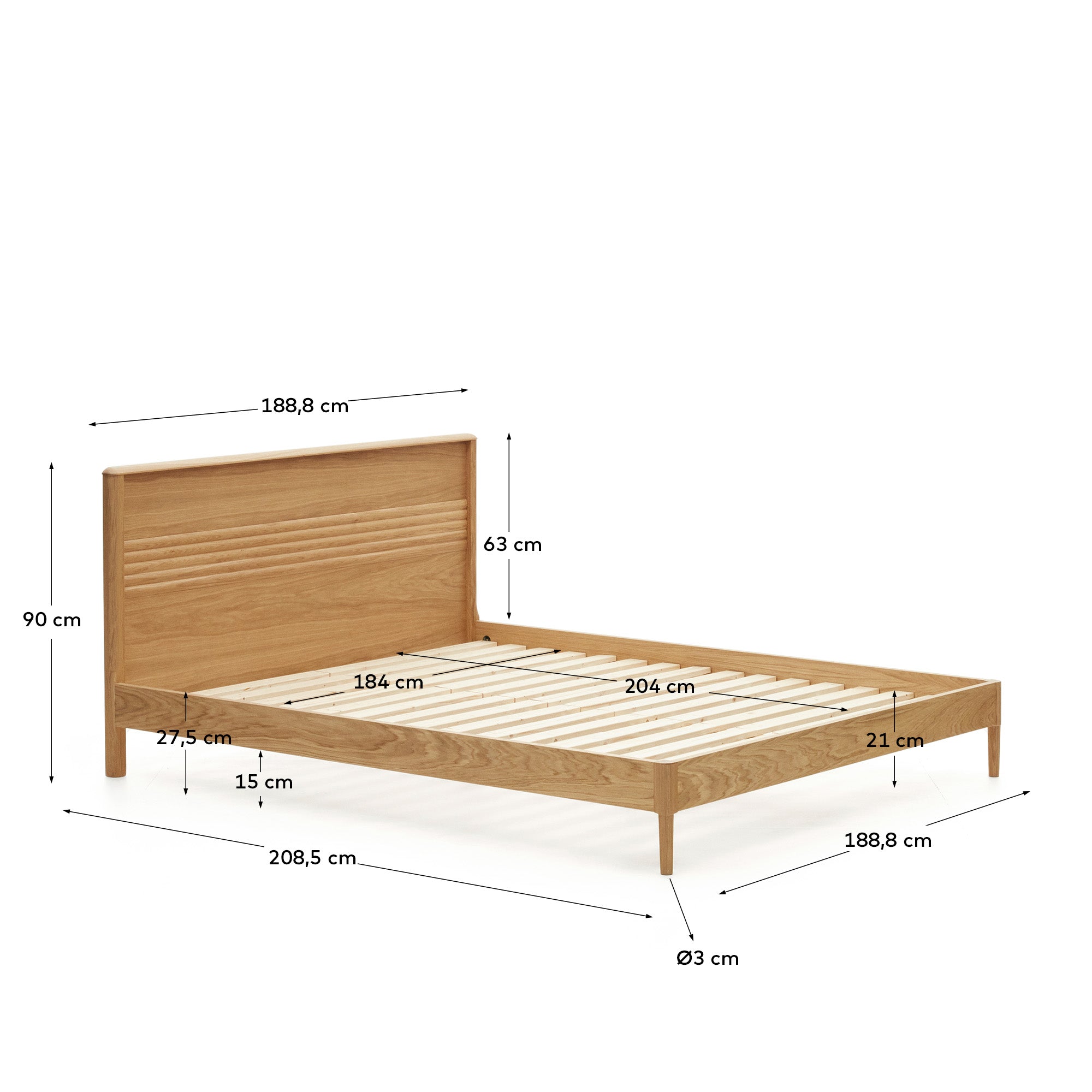 Lenon bed in solid oak and oak wood veneer for 180 x 200 cm mattresses, FSC MIX Credit - Measurements