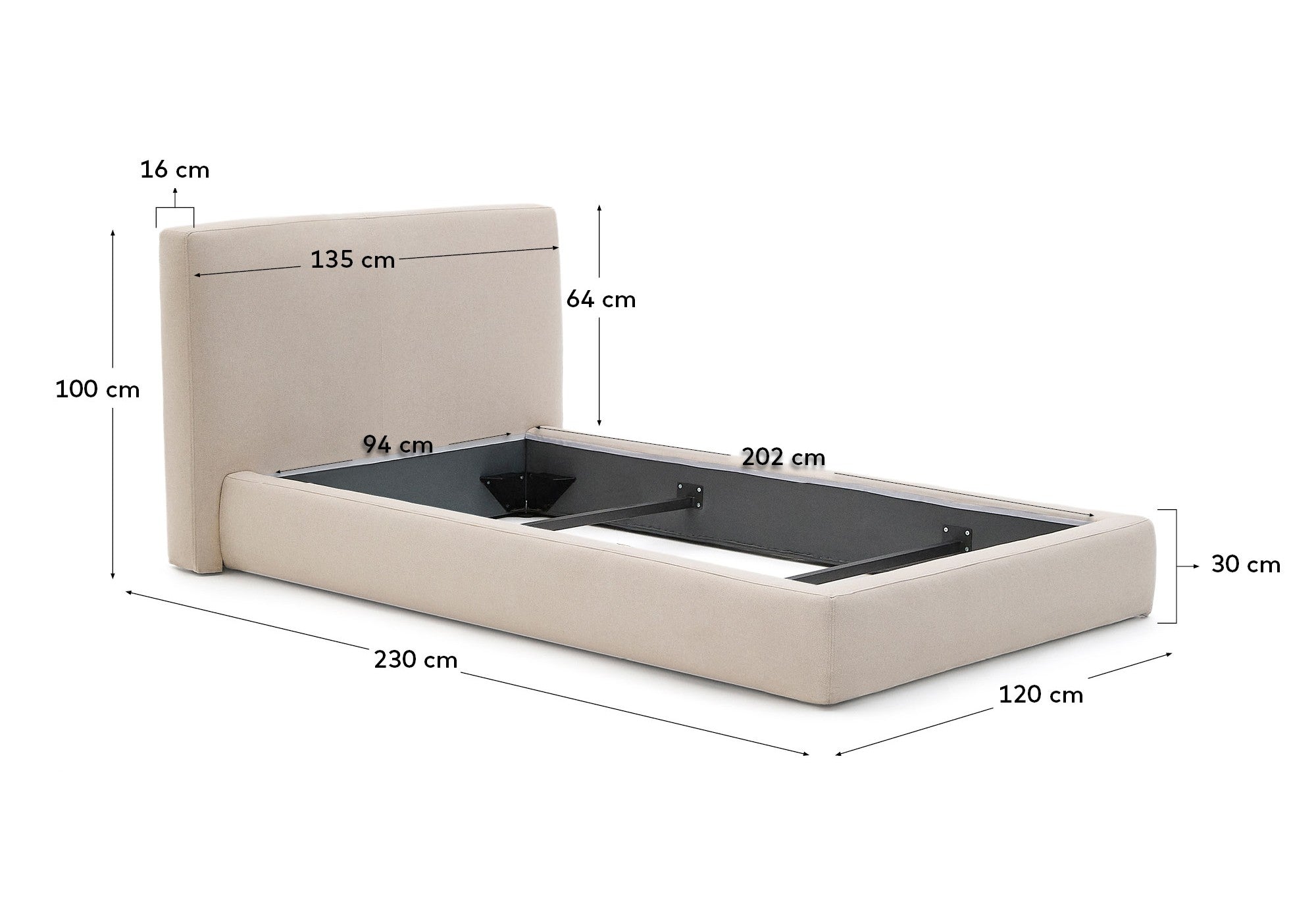 Beige Blok bed with removable covers for 90 x 200 cm mattress FSC Mix Credit - Measurements