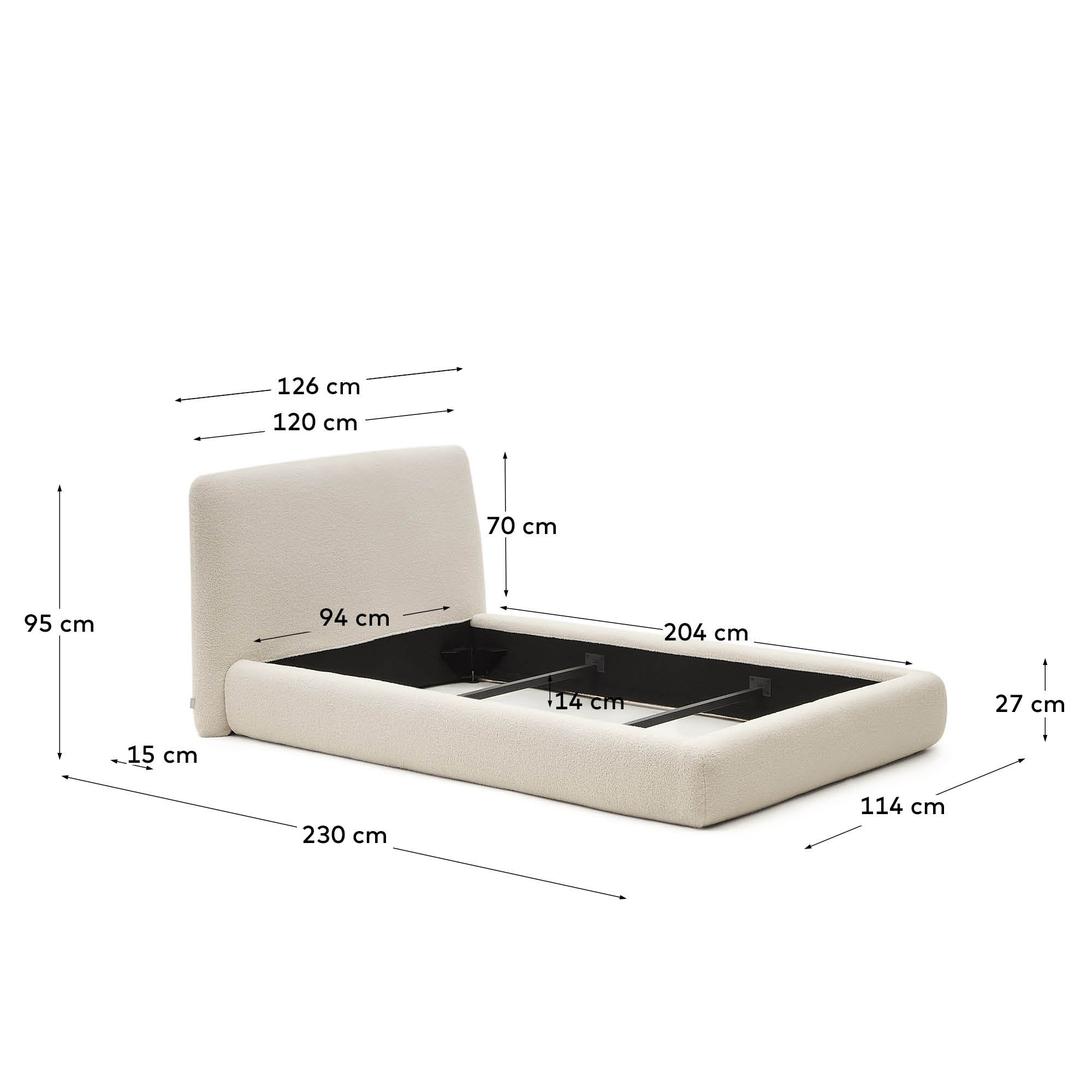 Martina bed with ecru bouclé removable cover for 90 x 200 cm mattress FSC Mix Credit - Measurements
