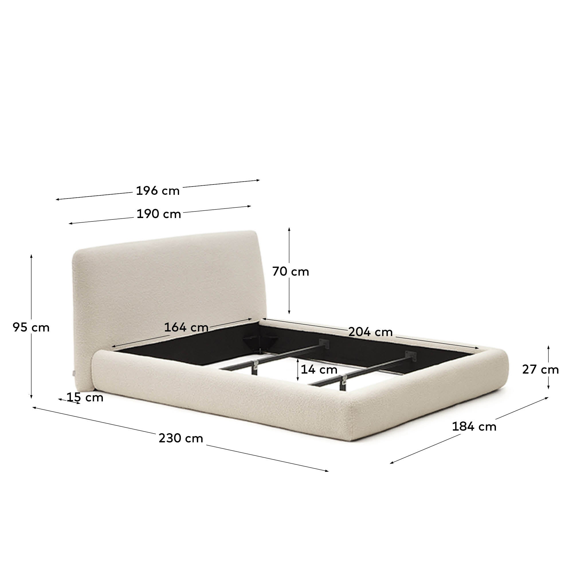 Martina bed with ecru bouclé removable cover for 160 x 200 cm mattress FSC Mix Credit - Measurements