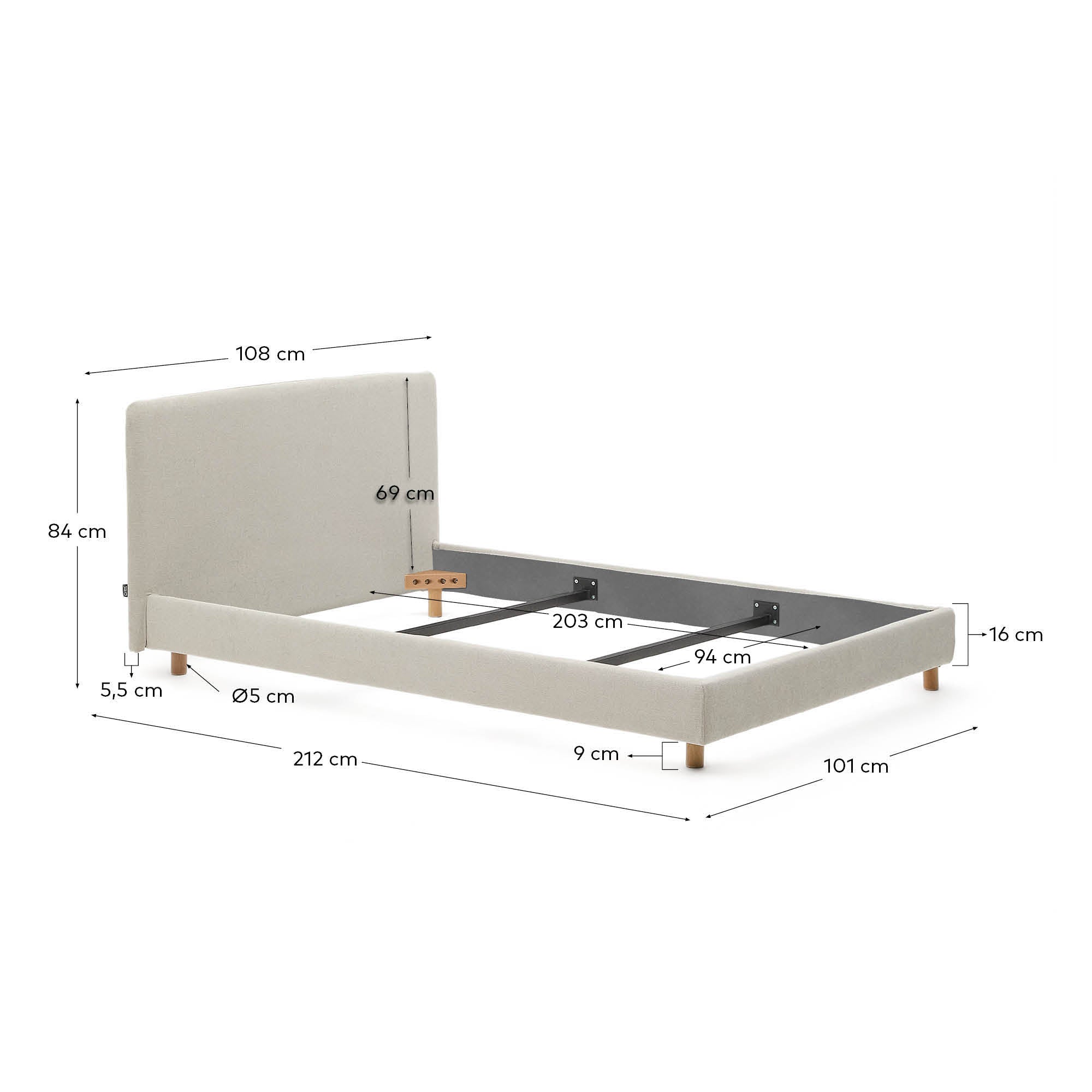 Pearl chenille Valma bed with removable cover and solid beech wood legs for a 90 x 200 cm mattress - Measurements