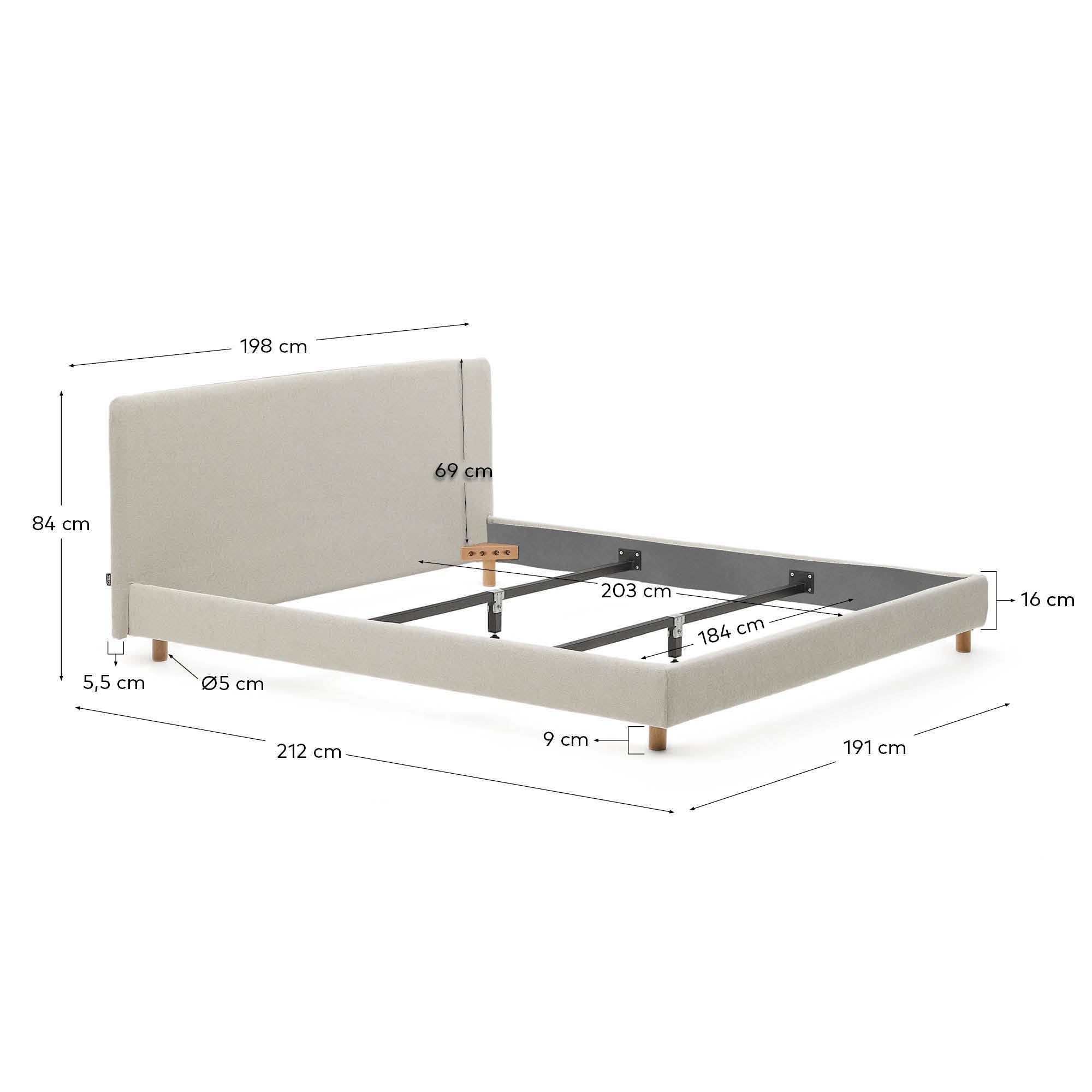 Pearl chenille Valma bed with removable cover and solid beech wood legs for a 180 x 200 cm mattress - Measurements