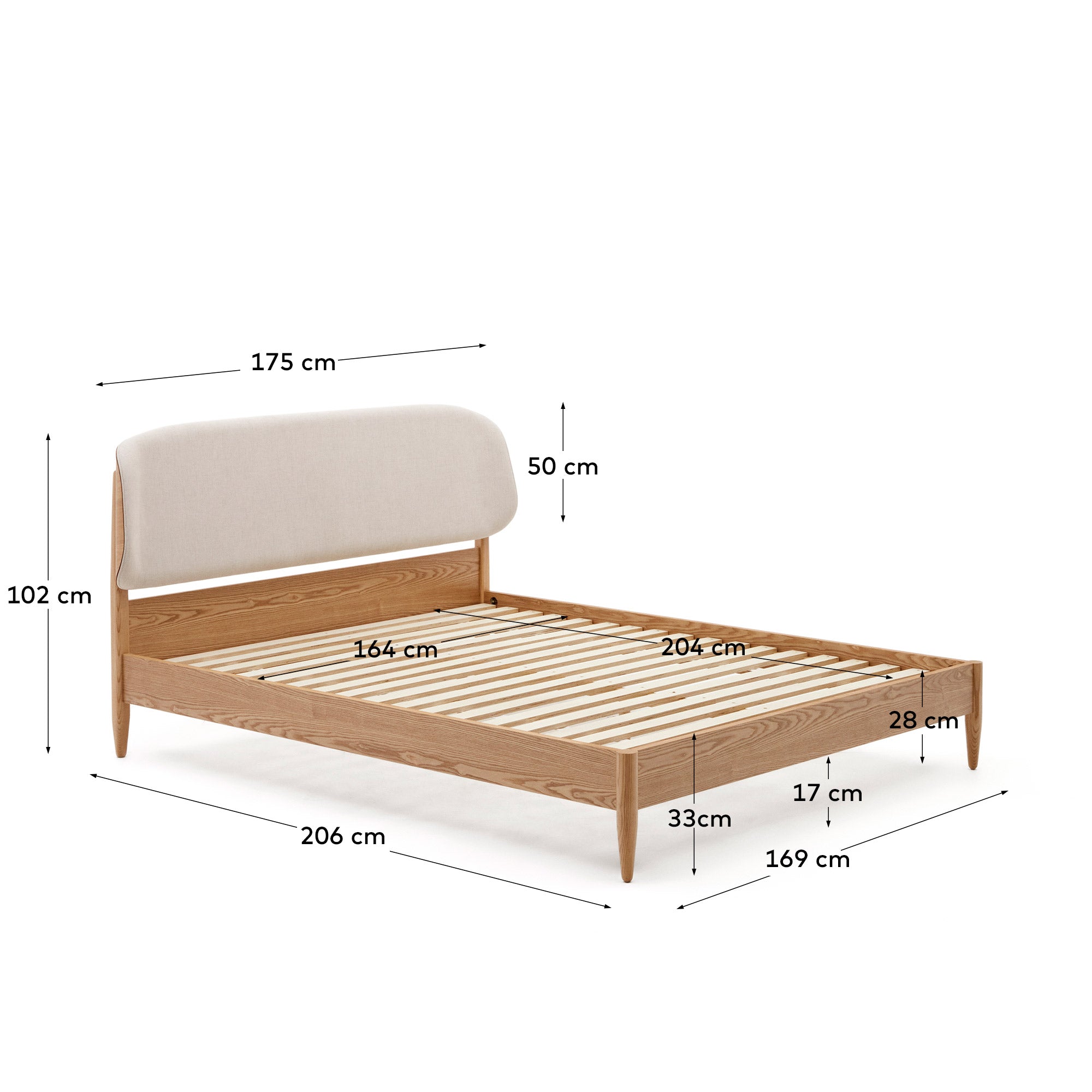 Octavia bed in ash plywood and white upholstered headboard FSC Mix Credit 160 x 200 cm - Measurements