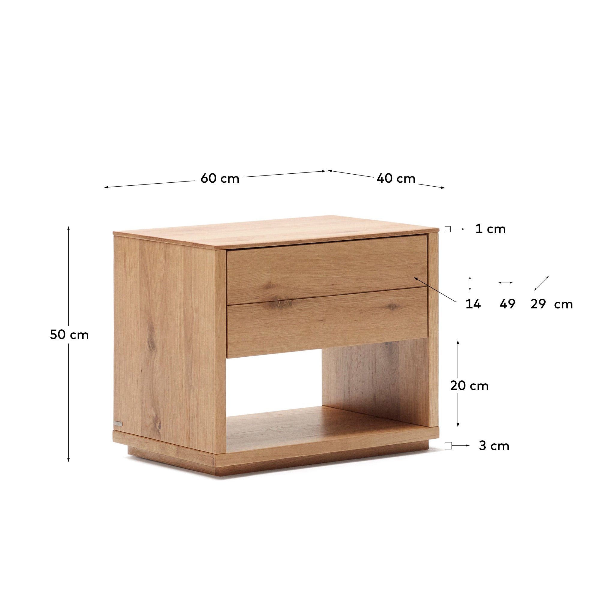 Alguema bedside table in oak wood veneer with natural finish, 60 x 50 cm - Measurements