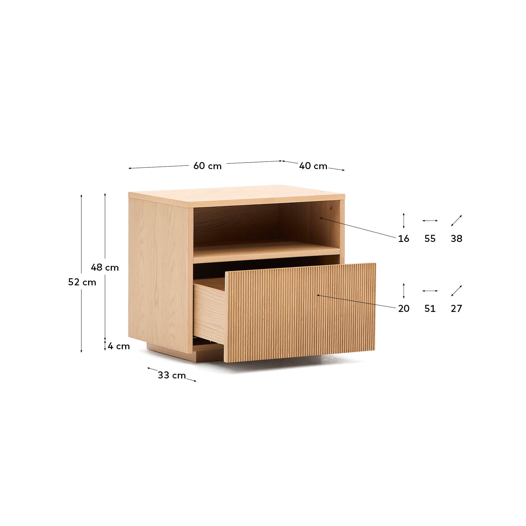 Helvine bedside table with 1 drawer in oak veneer, 60 x 52 cm FSC 100% - Measurements