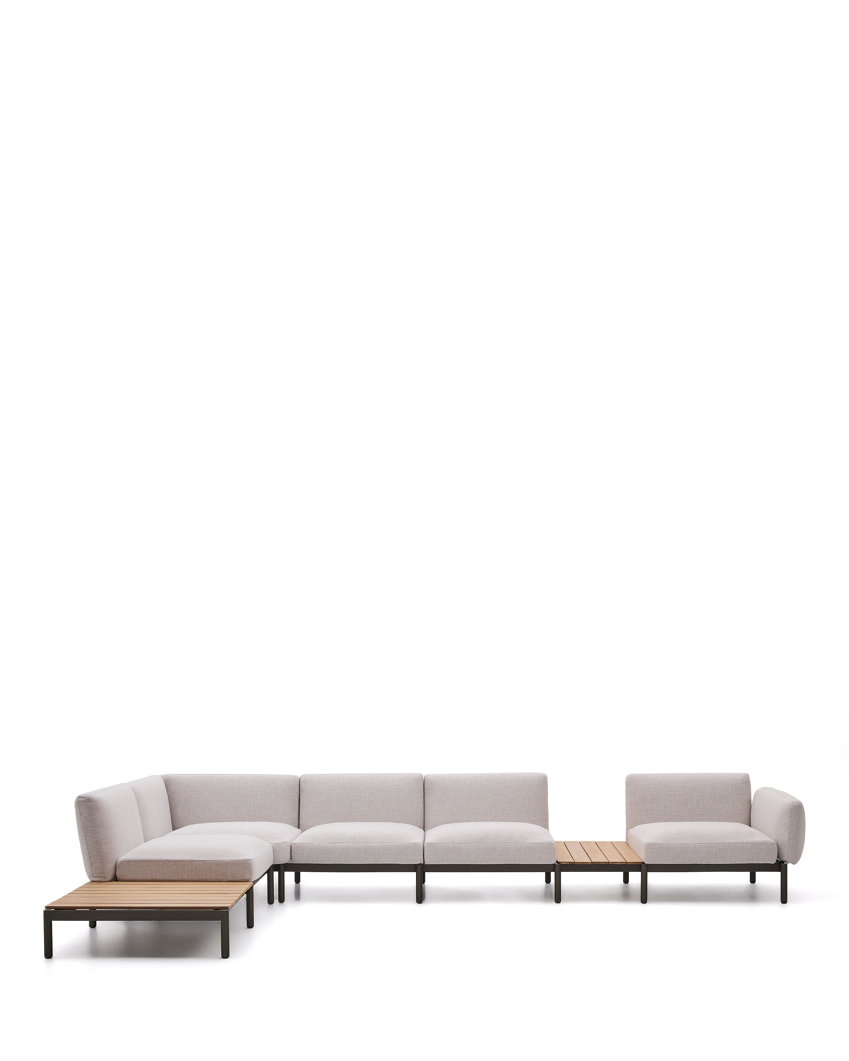 Sorells kültéri moduláris 5-személyes sarokkanapé bézs kárpitozással és zöld alumíniummal, 2 teak asztallal 277 x 446cm FSC 100%