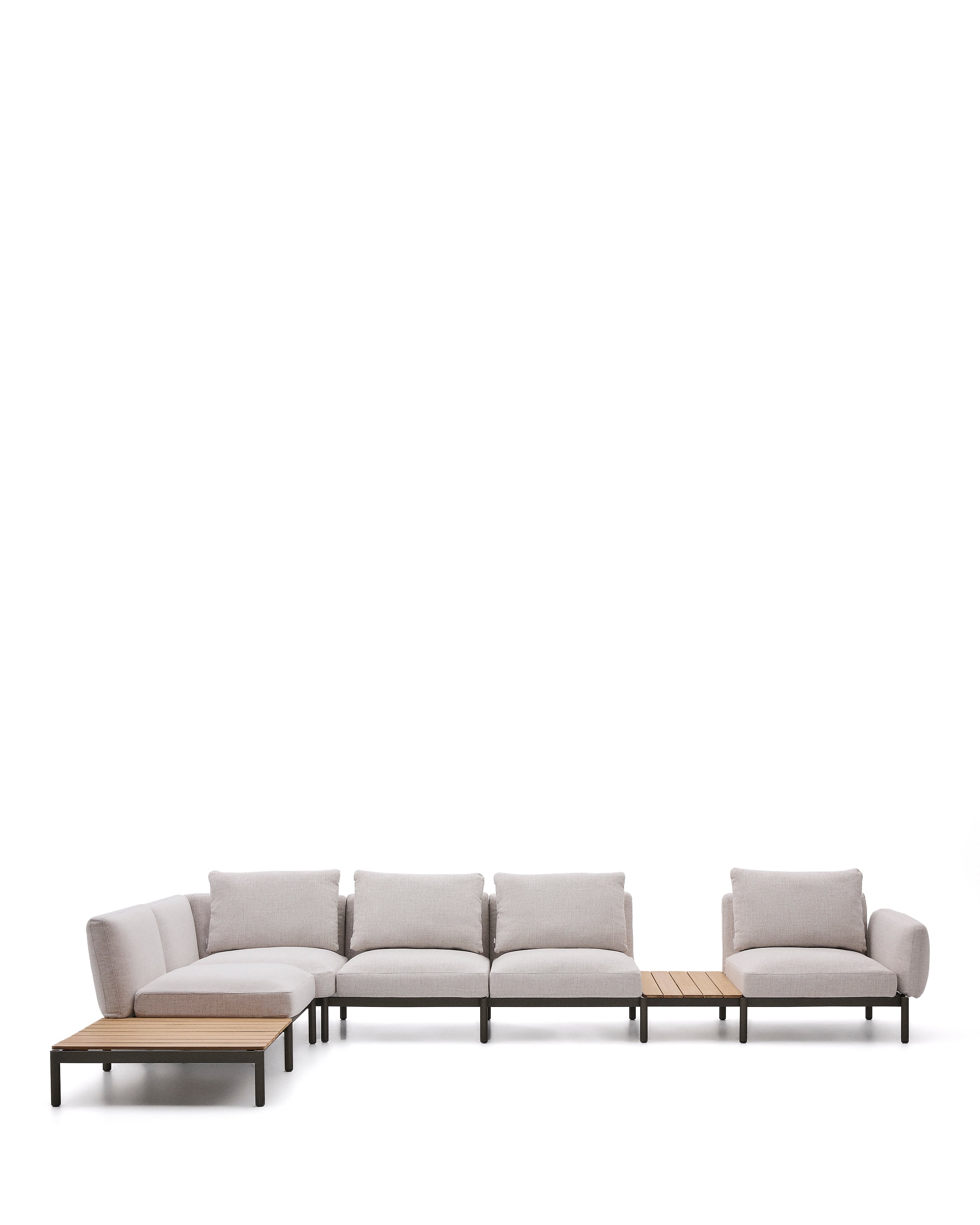 Sorells kültéri moduláris 5-személyes sarokkanapé bézs kárpitozással és zöld alumíniummal, 2 teak asztallal 277 x 446cm FSC 100%