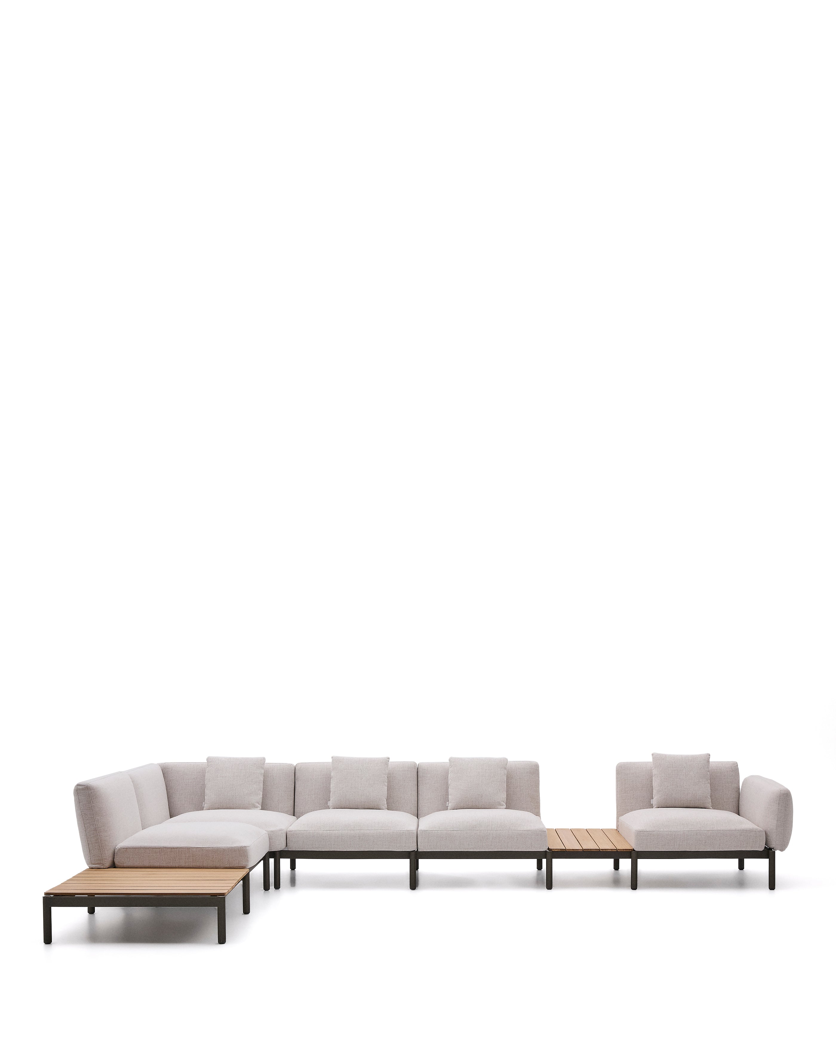 Sorells kültéri moduláris 5-személyes sarokkanapé bézs kárpitozással és zöld alumíniummal, 2 teak asztallal 277 x 446cm FSC 100%
