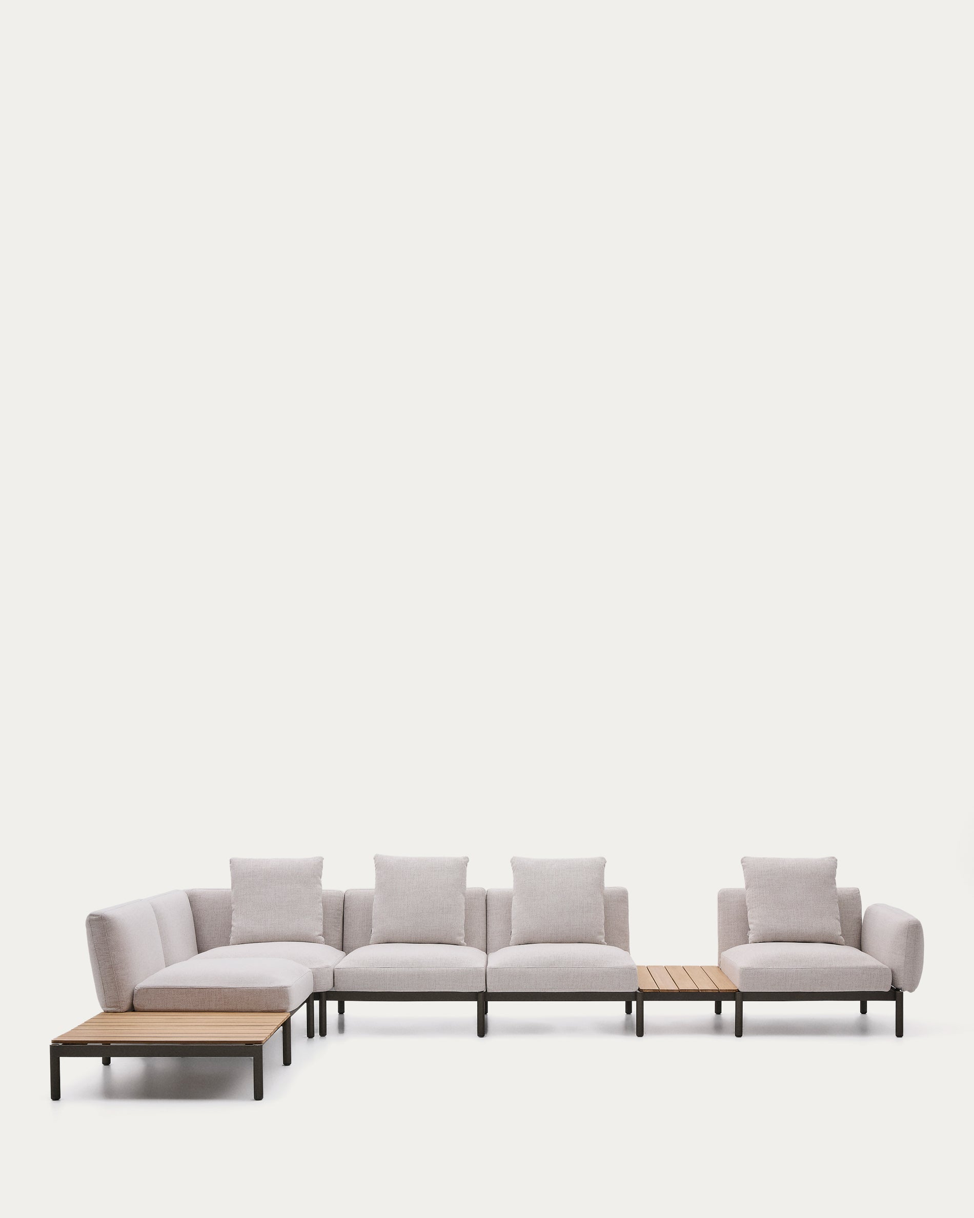 Sorells kültéri moduláris 5-személyes sarokkanapé bézs kárpitozással és zöld alumíniummal, 2 teak asztallal 277 x 446cm FSC 100%