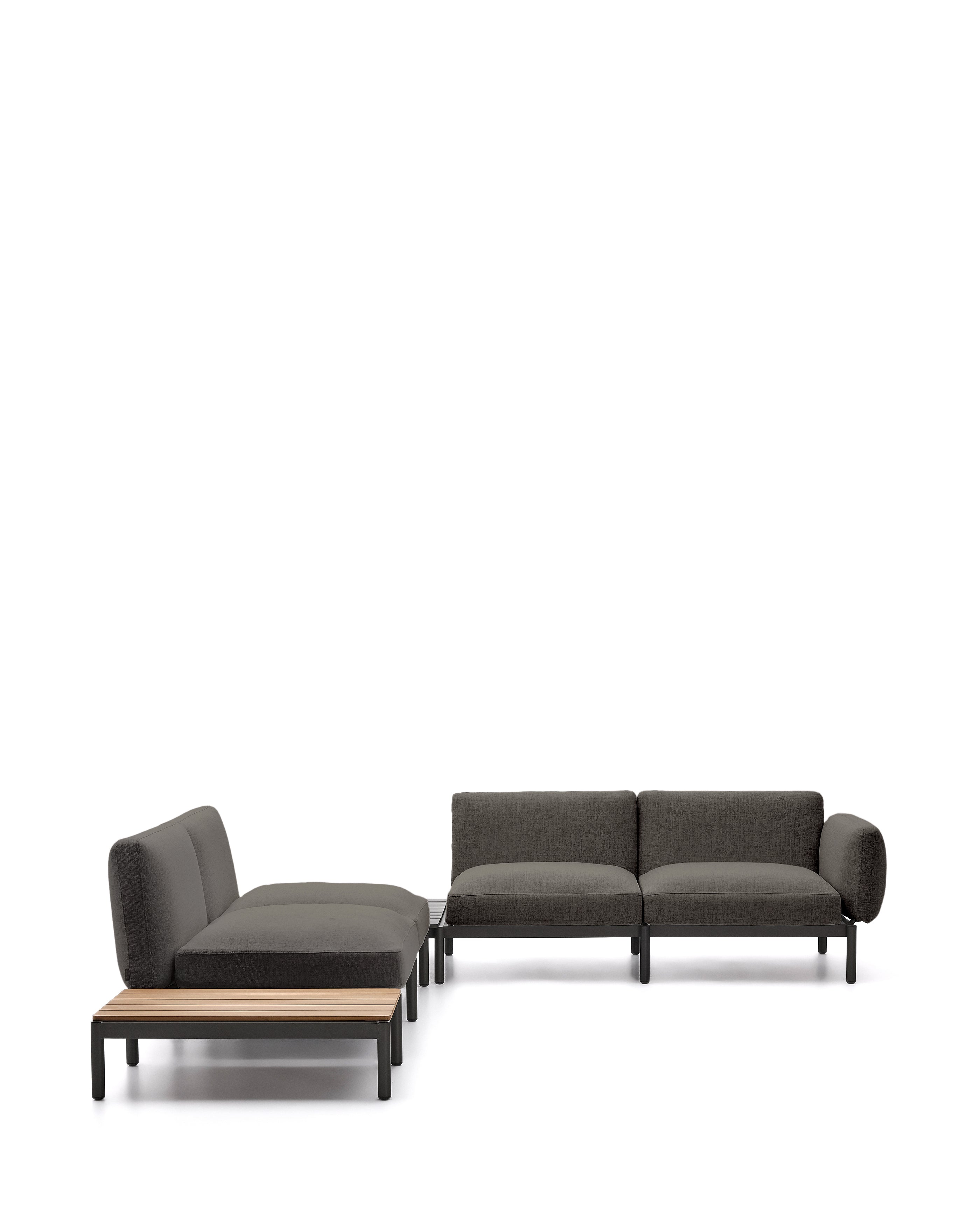 Sorells kültéri moduláris 4-személyes sarokkanapé szürke kárpittal és szürke alumíniummal, teakfa asztallal 353 x 316,5 cm FSC 100%
