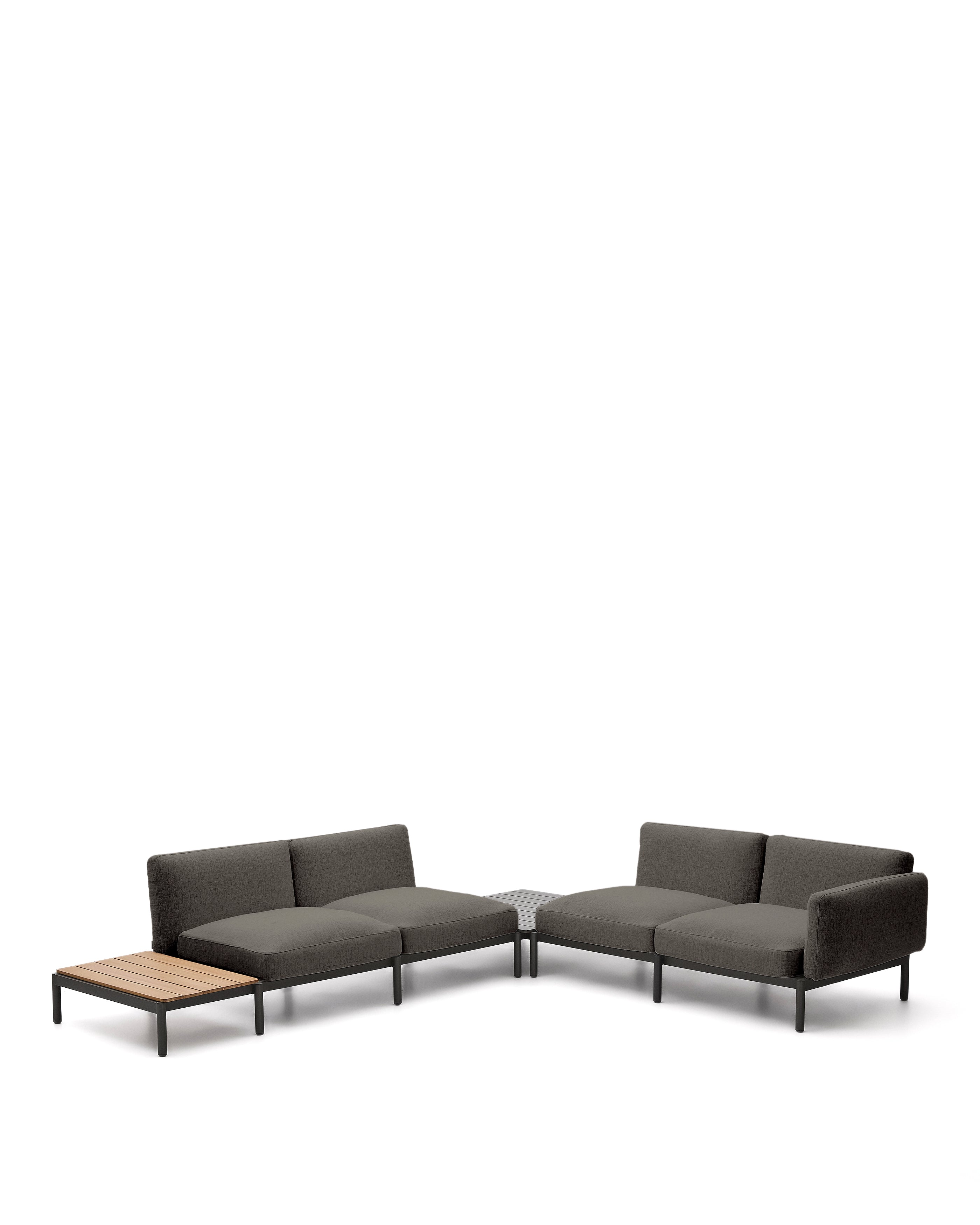 Sorells kültéri moduláris 4-személyes sarokkanapé szürke kárpittal és szürke alumíniummal, teakfa asztallal 353 x 316,5 cm FSC 100%