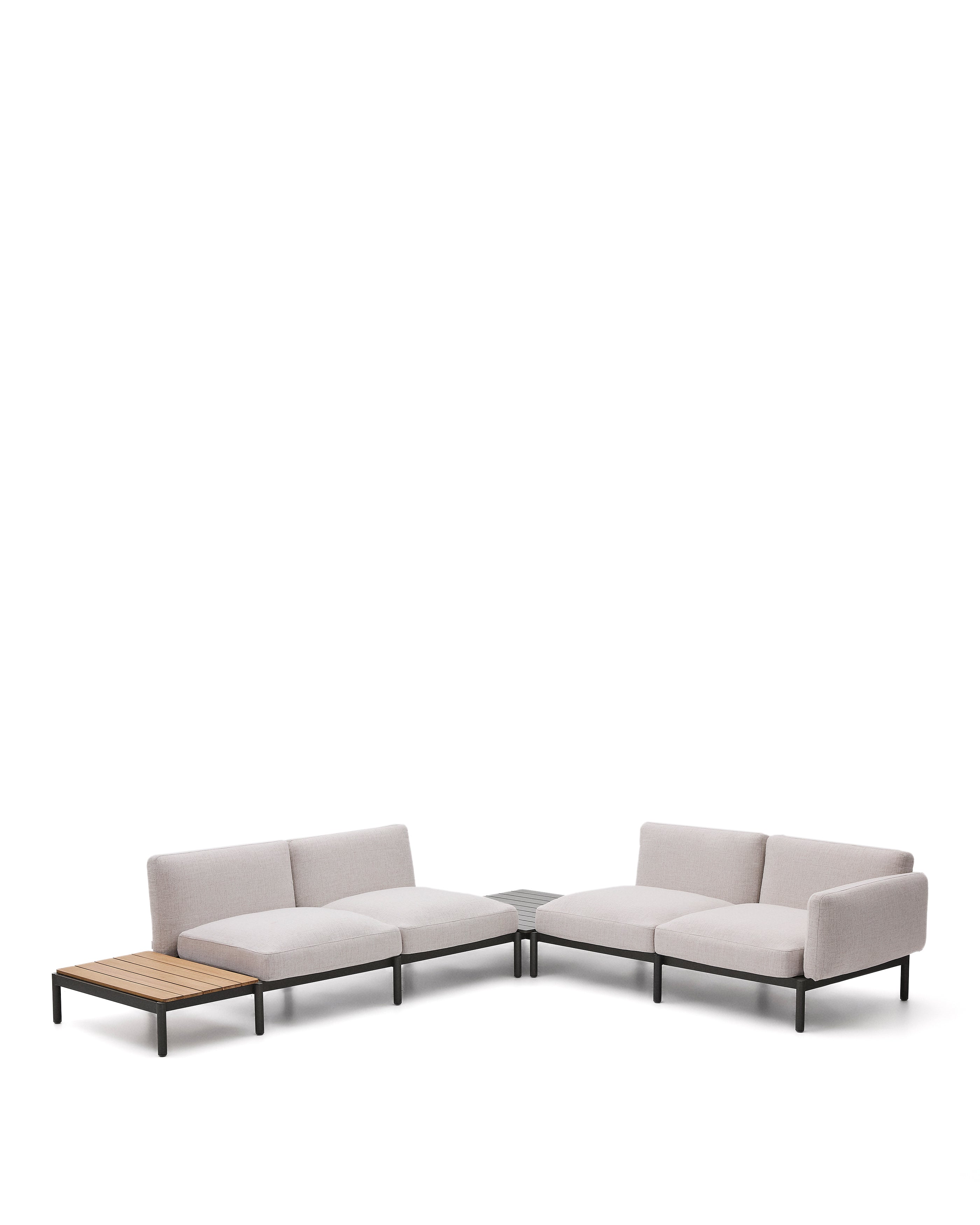 Sorells kültéri moduláris 4-személyes sarokkanapé bézs kárpittal és szürke alumíniummal, teakfa asztallal, 353 x 316,5 cm, FSC 100%