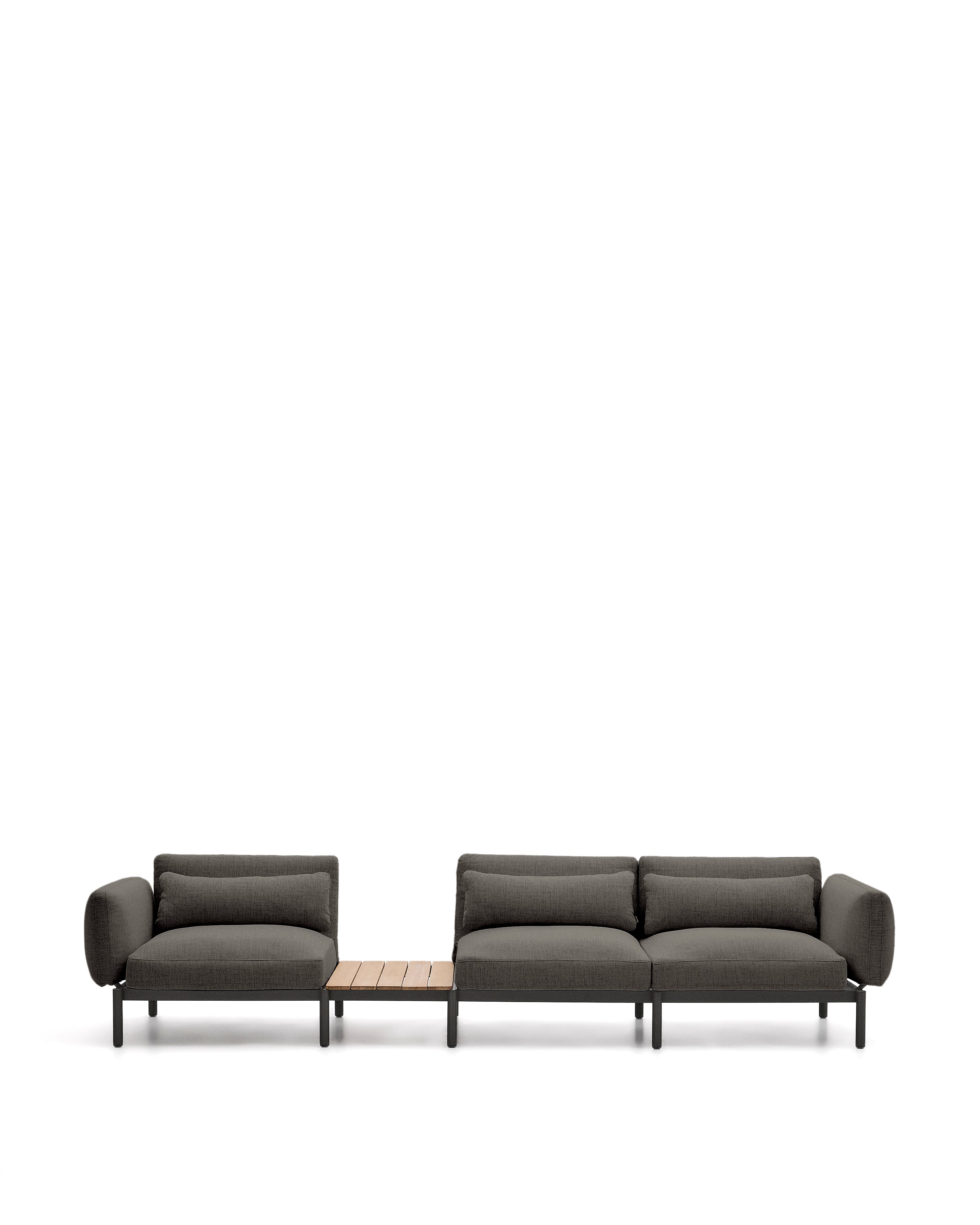 Sorells outdoor modular 3-seater sofa with gray upholstery and gray aluminum, teak table 341 x 113cm FSC 100%