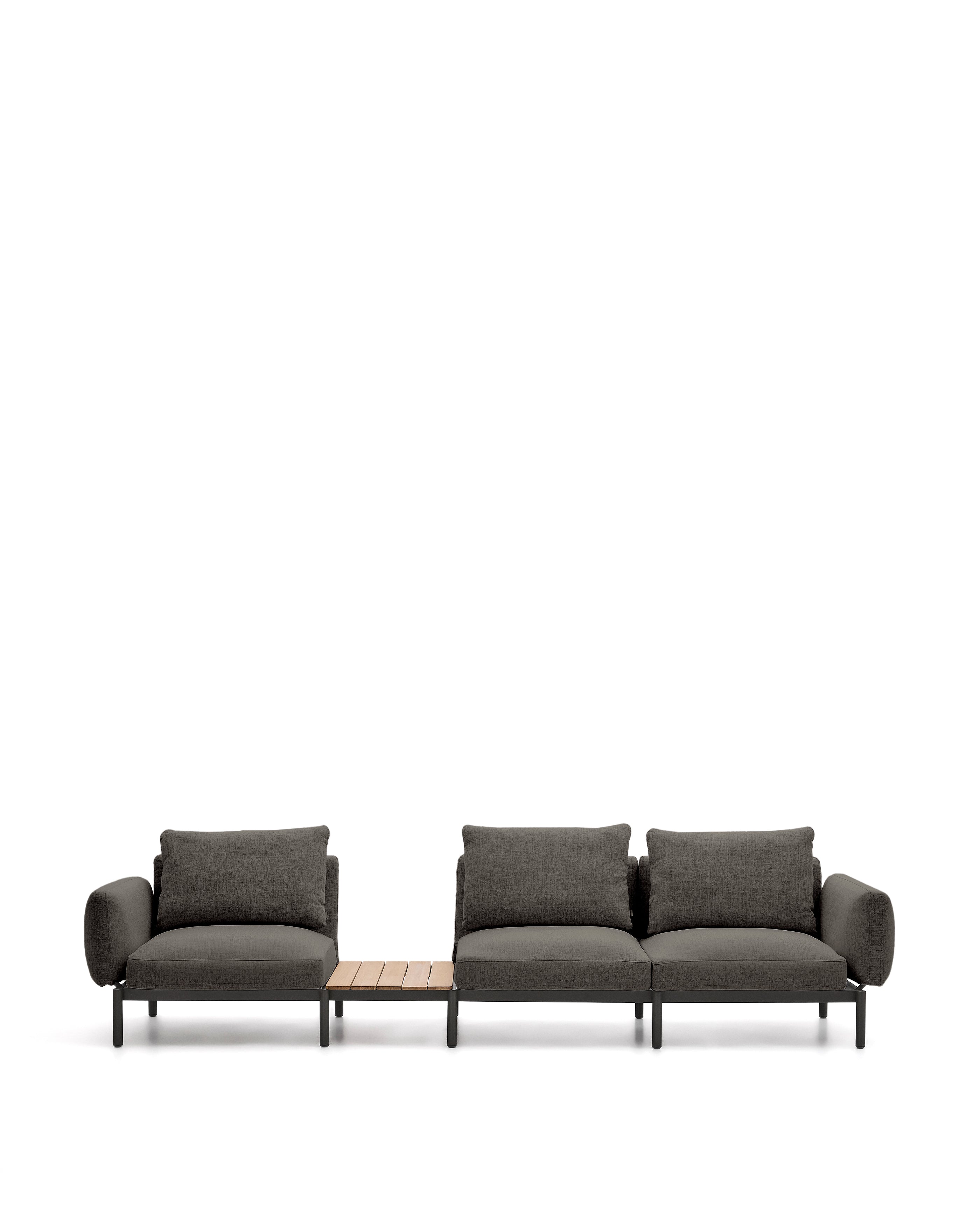 Sorells outdoor modular 3-seater sofa with gray upholstery and gray aluminum, teak table 341 x 113cm FSC 100%