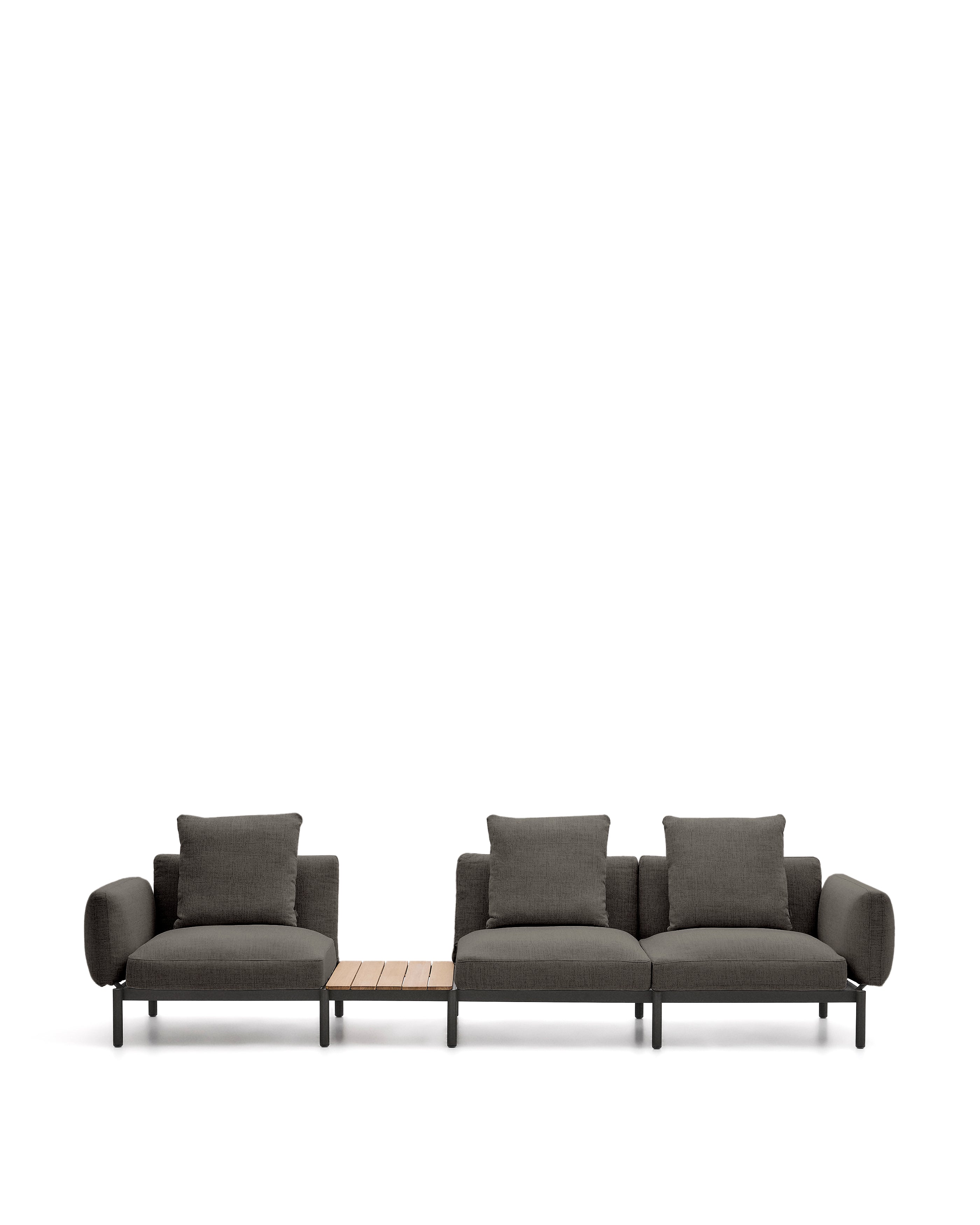 Sorells outdoor modular 3-seater sofa with gray upholstery and gray aluminum, teak table 341 x 113cm FSC 100%