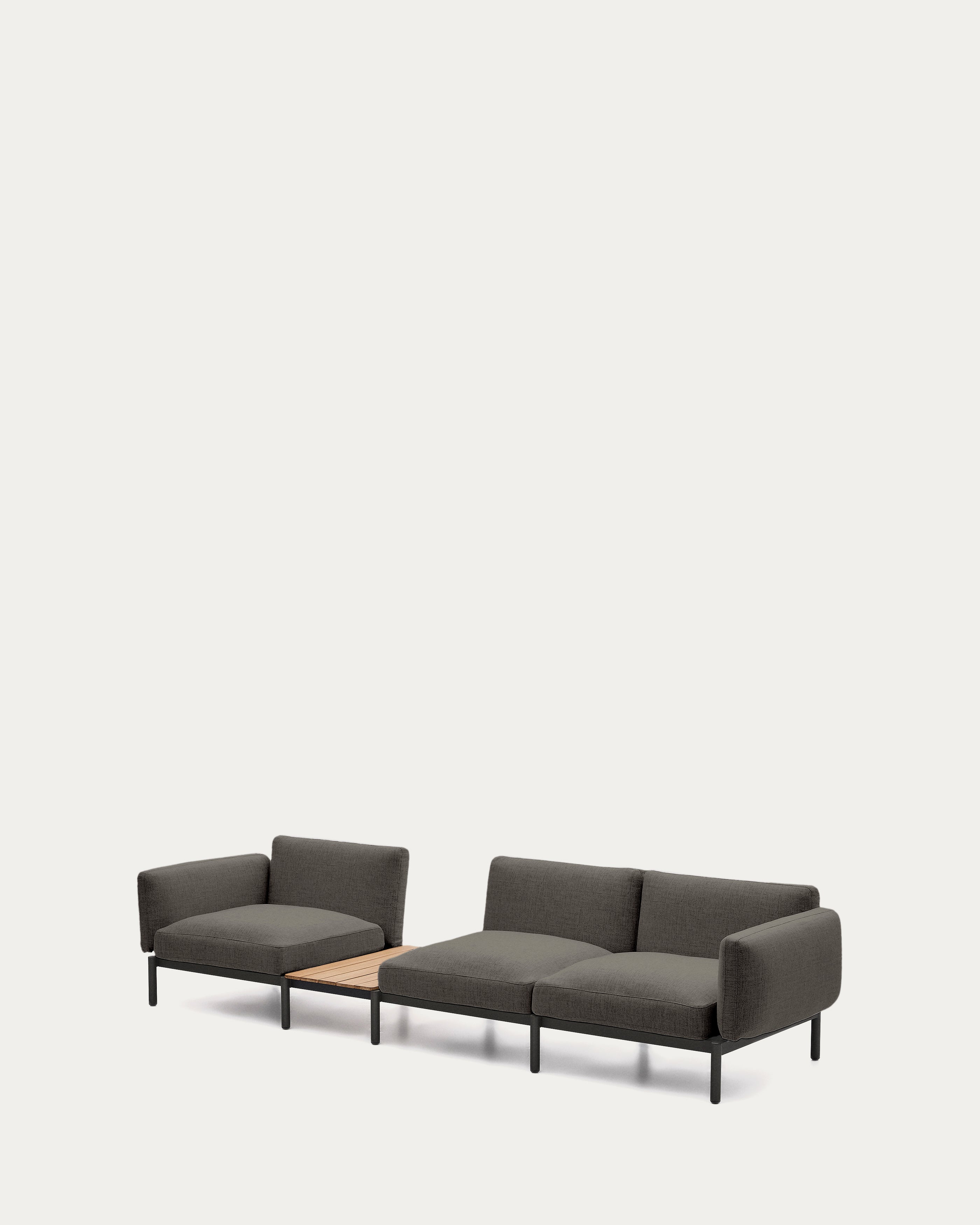 Sorells outdoor modular 3-seater sofa with gray upholstery and gray aluminum, teak table 341 x 113cm FSC 100%