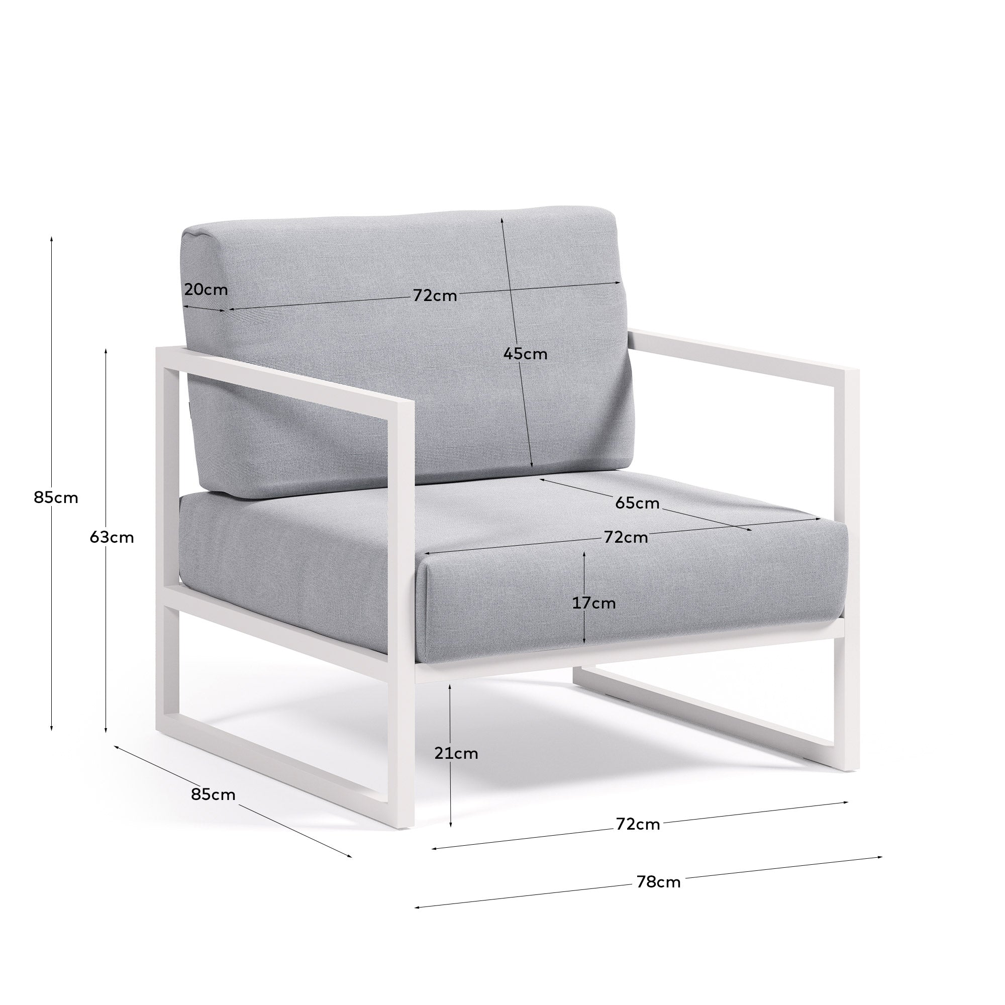 Comova 100% outdoor armchair in blue and white aluminium - Measurements