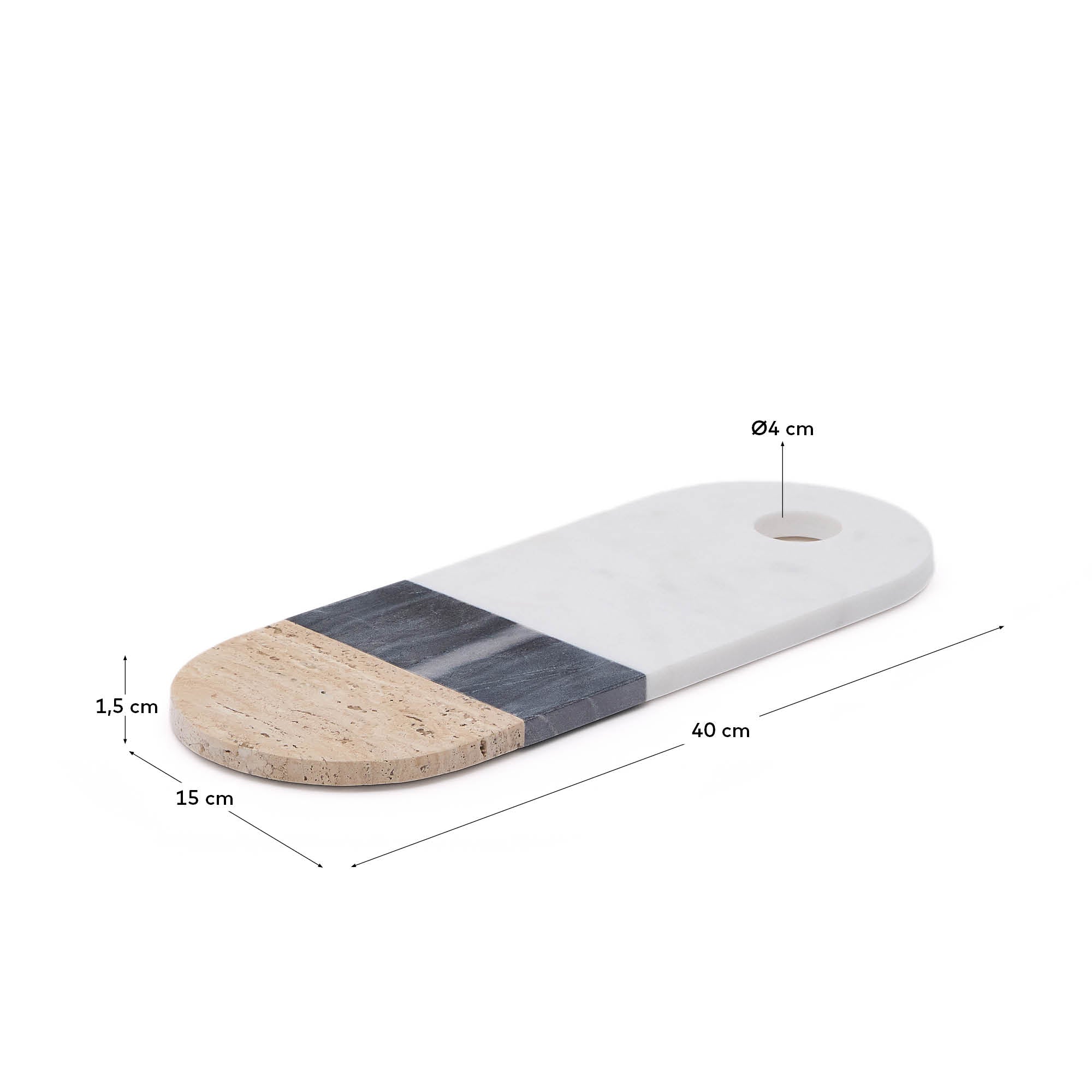 Nivol large serving board in white and black marble and travertine - Measurements