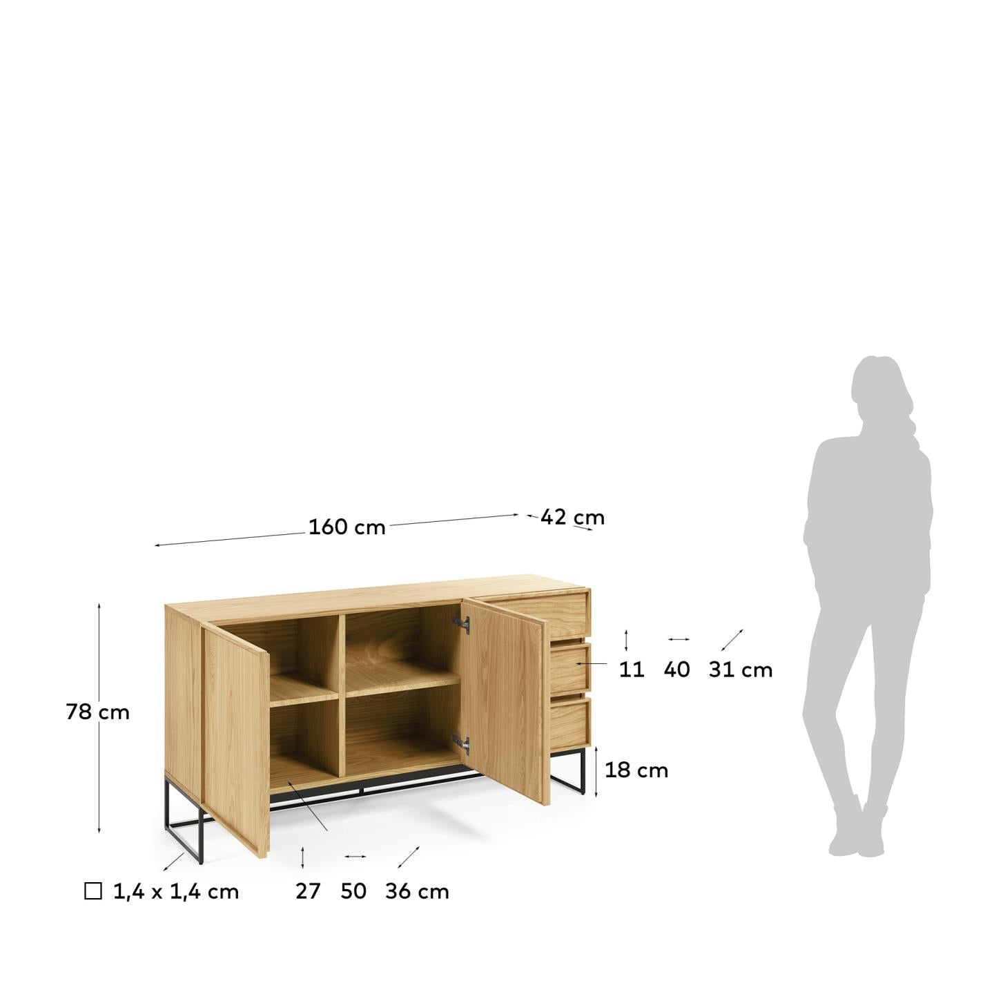 Taiana 2 door 3 drawer sideboard in oak veneer with black steel structure, 160 x 78 cm - Measurements