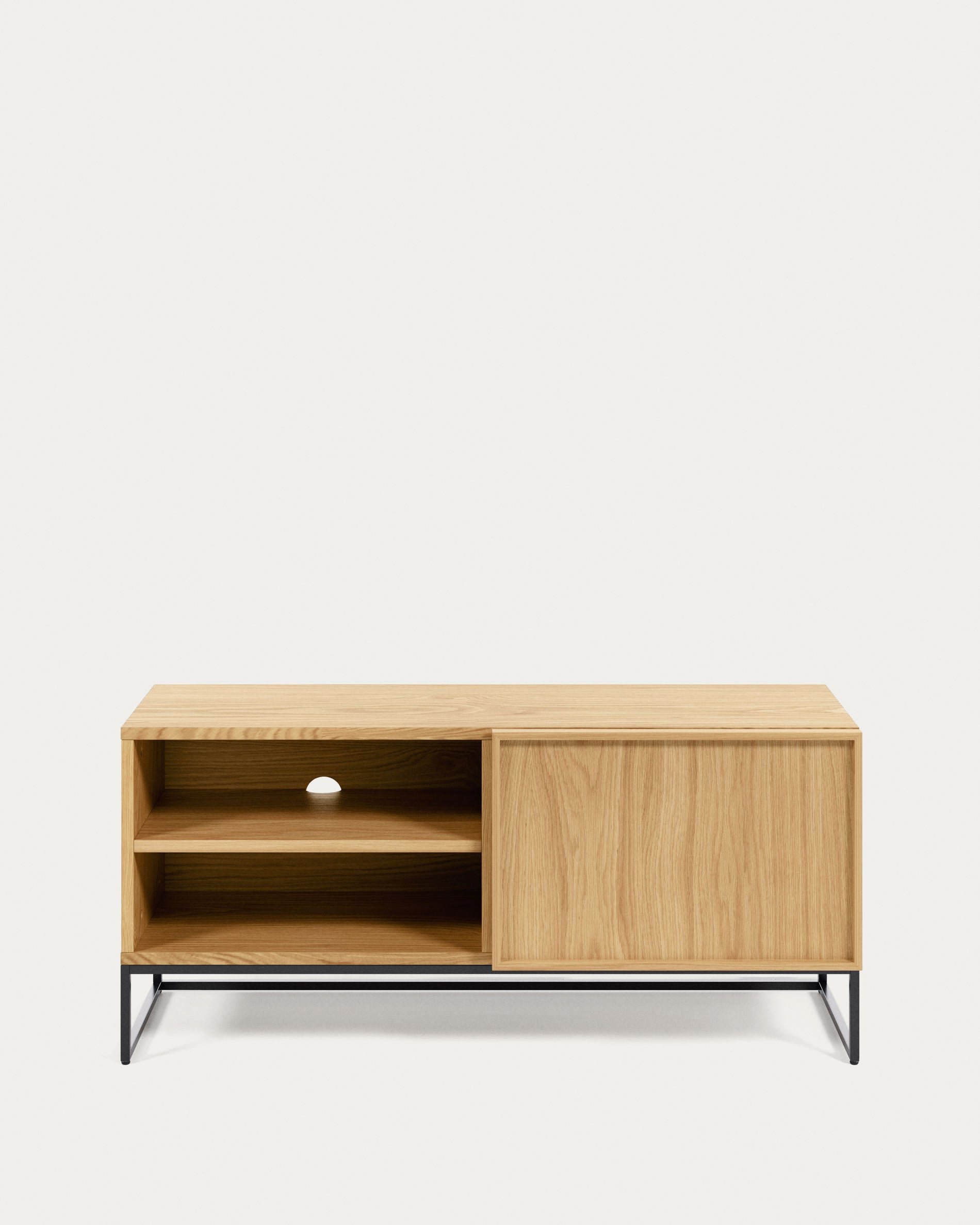 Taiana single door TV stand with oak veneer and steel frame in black finish, 112 x 51 cm - Product View
