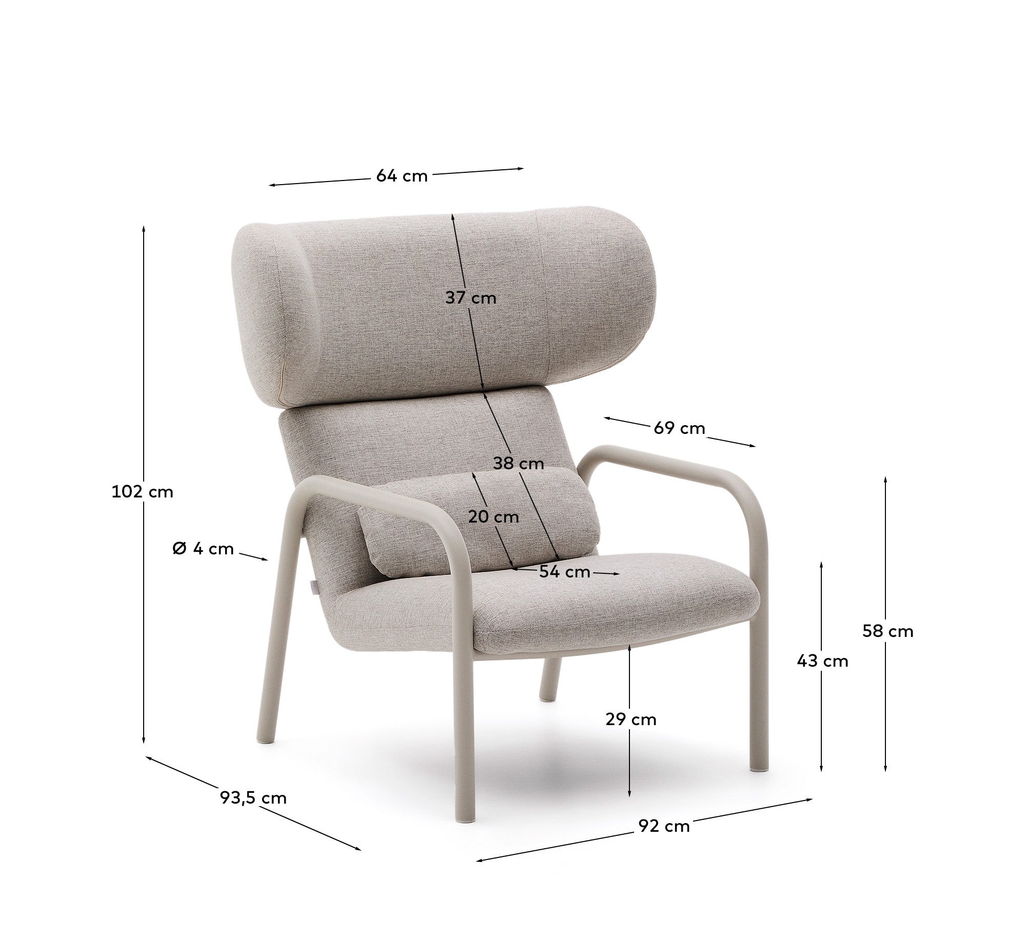 Inari armchair in beige and steel with beige painted finish FSC Mix Credit - Measurements