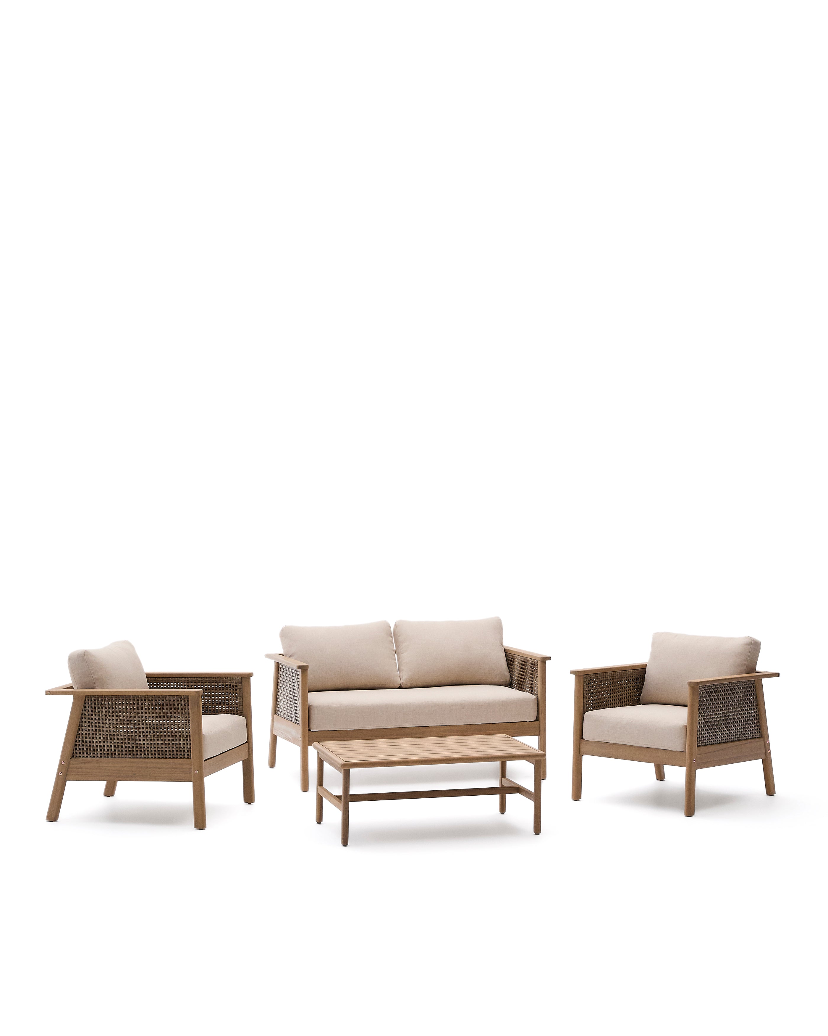 Alabe set consisting of a 2-seater sofa, 2 armchairs and a coffee table, made of 100% FSC acacia wood