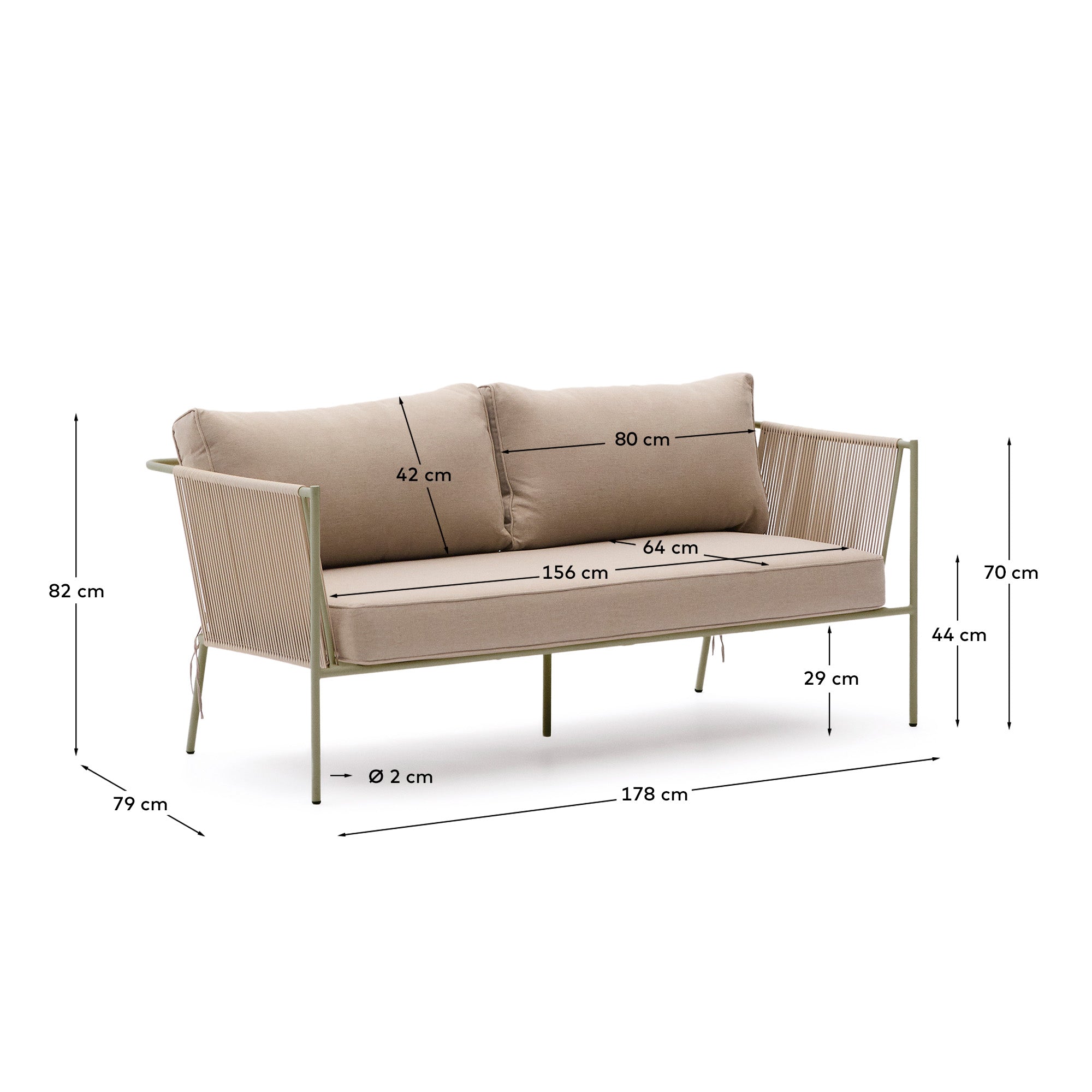 Zivia outdoor 2-seater sofa in ecru rope cord and green galvanised steel 178cm - Measurements
