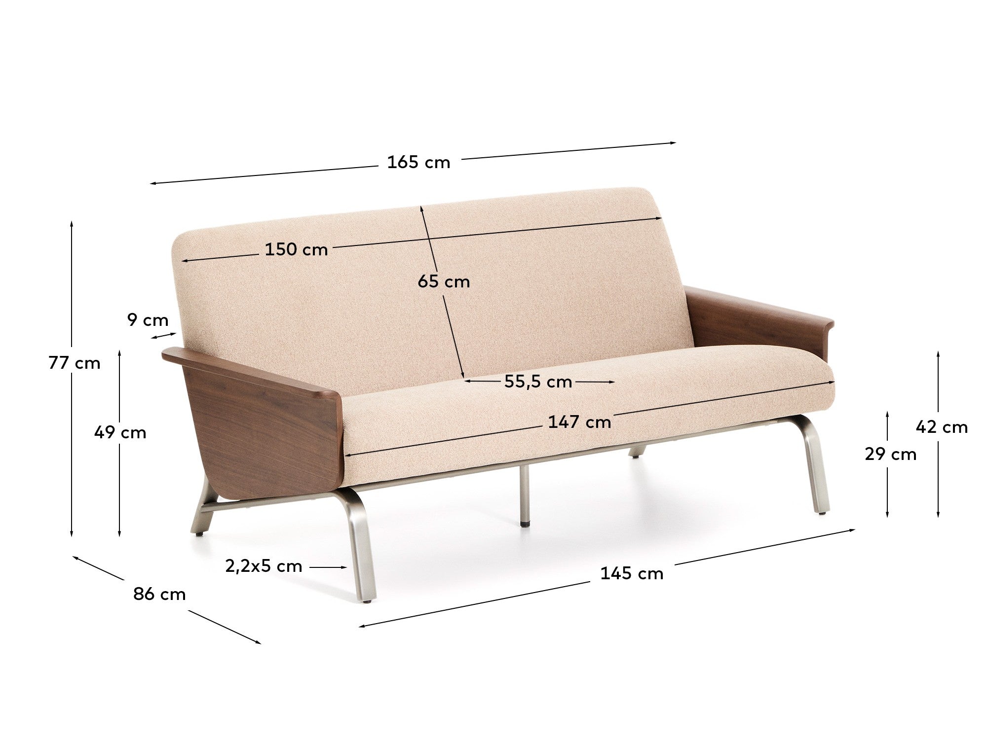Amsen light brown 2-seater sofa in walnut plywood with brushed stainless steel legs 150cm - Measurements