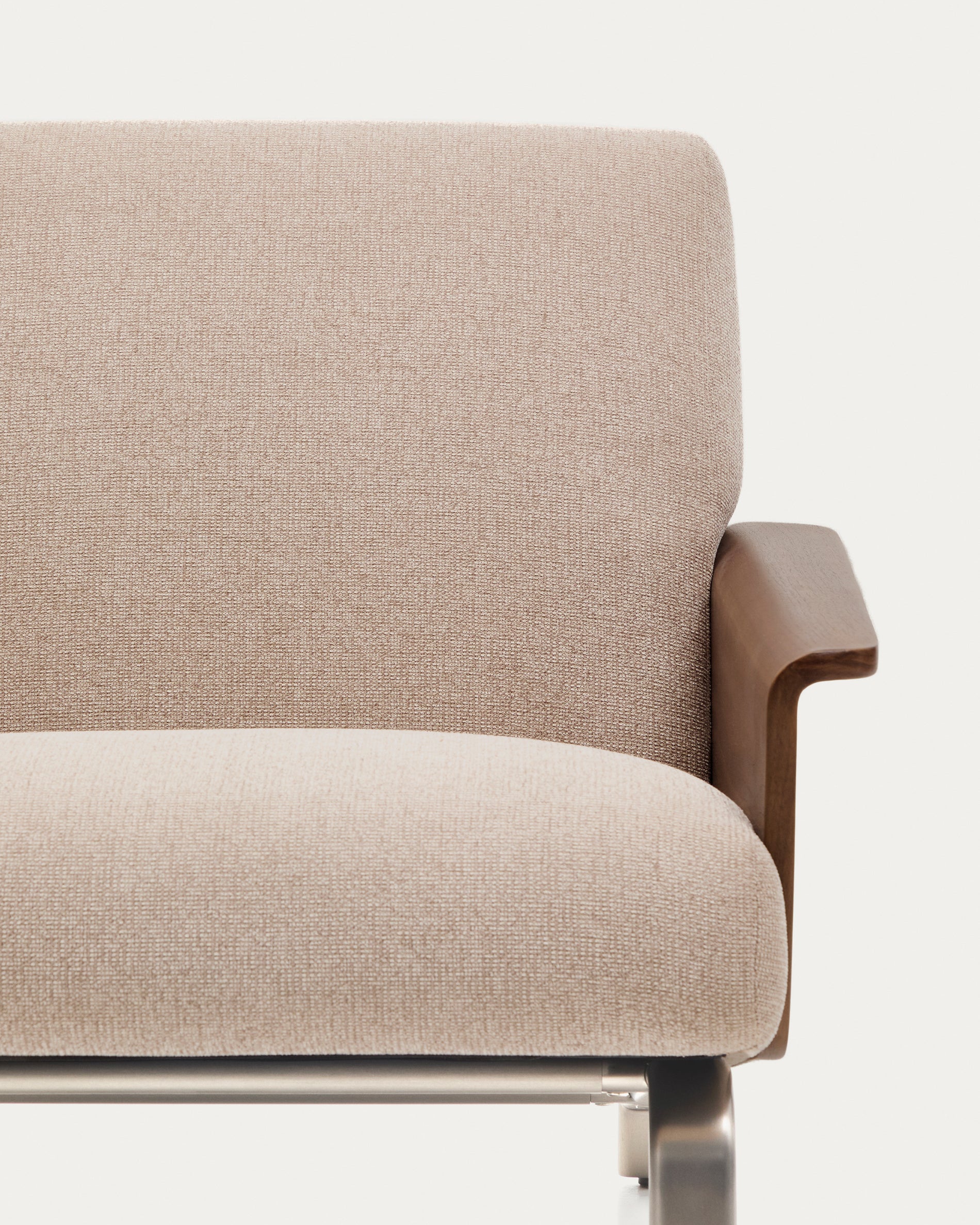 Amsen light brown 2-seater sofa in walnut plywood with brushed stainless steel legs 150cm - Detail