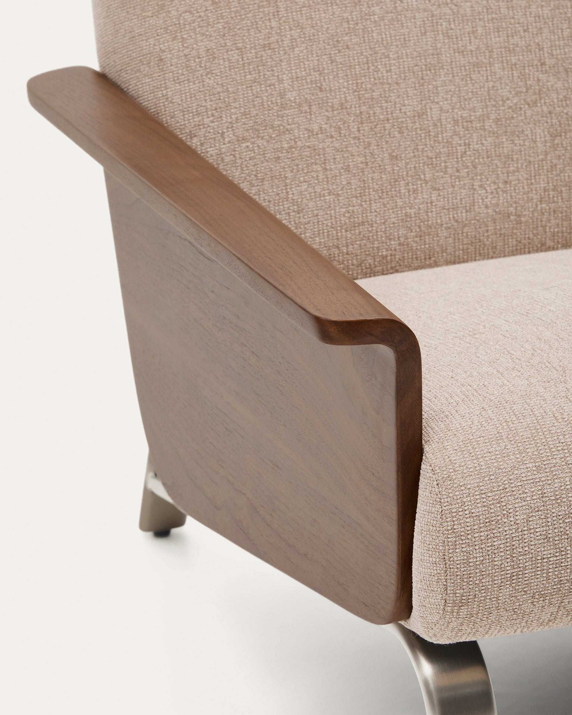 Amsen light brown 2-seater sofa in walnut plywood with brushed stainless steel legs 150cm - Detail
