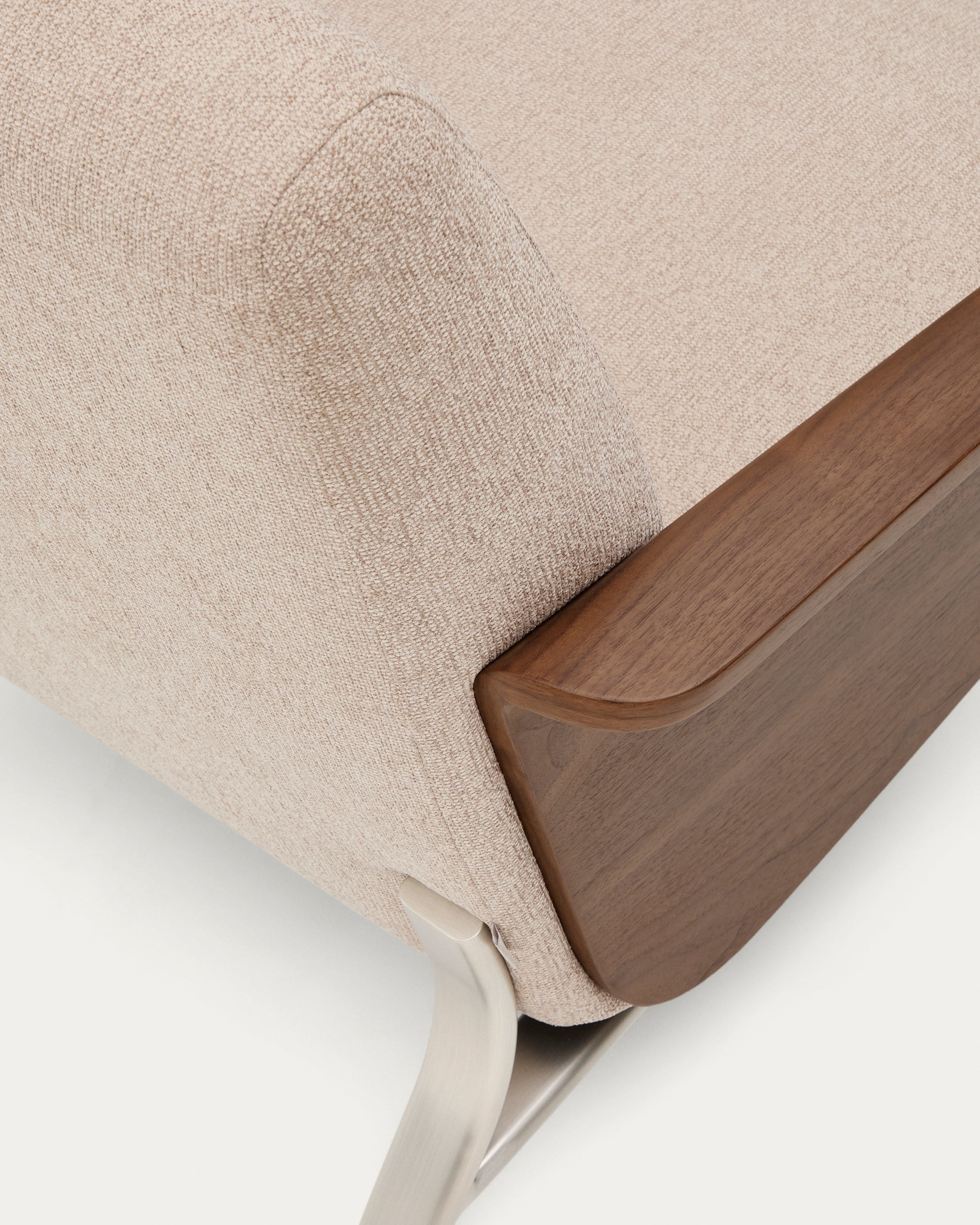 Amsen light brown 2-seater sofa in walnut plywood with brushed stainless steel legs 150cm - Detail