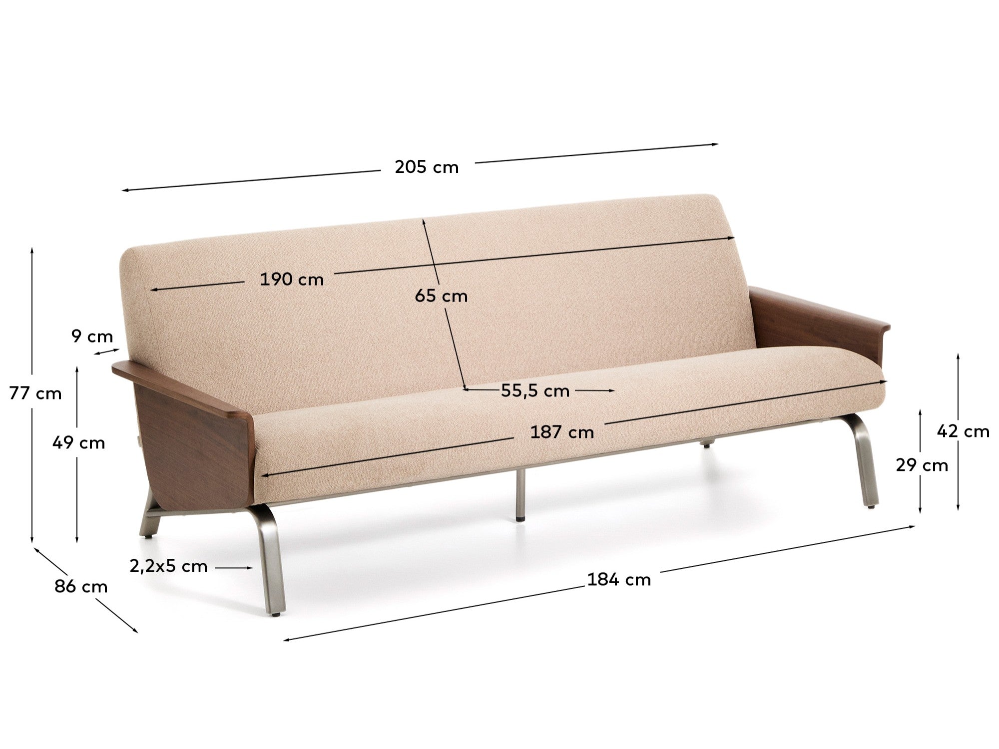Amsen light brown 3-seater sofa in walnut plywood with brushed stainless steel legs 190cm - Measurements