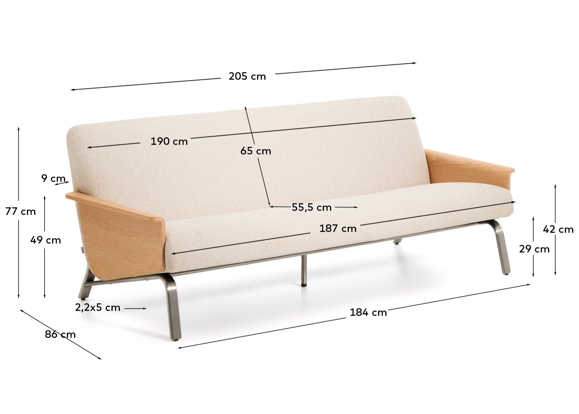 Amsen beige chenille 3-seater sofa in oak plywood with brushed stainless steel legs 190cm - Measurements