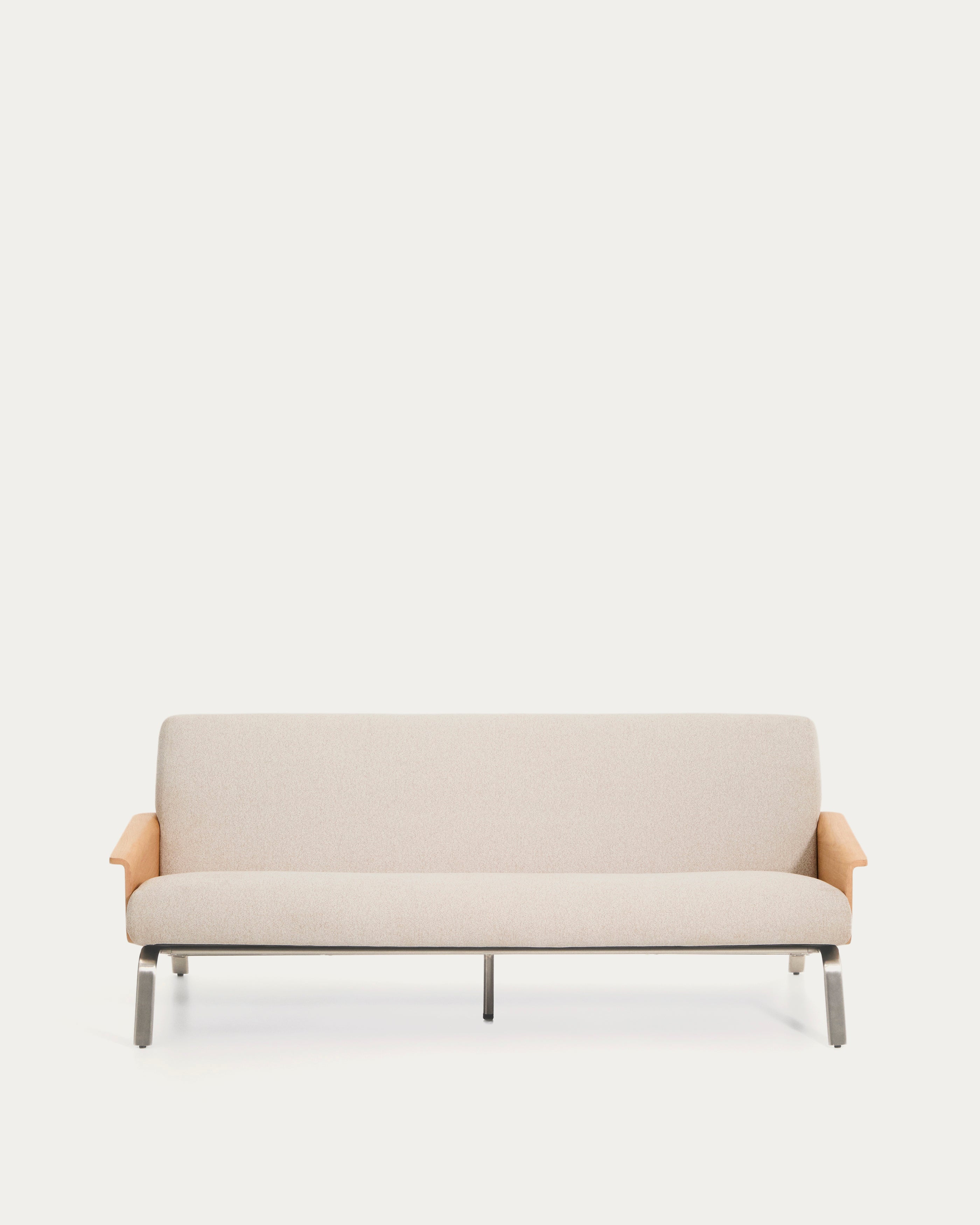 Amsen beige chenille 3-seater sofa in oak plywood with brushed stainless steel legs 190cm - Product View