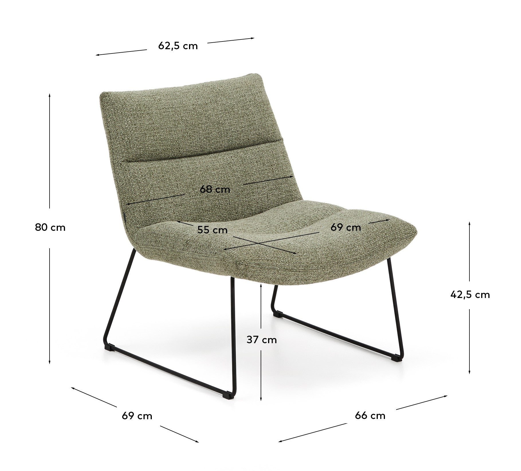 Asen green chenille armchair with black steel legs FSC 100% - Measurements