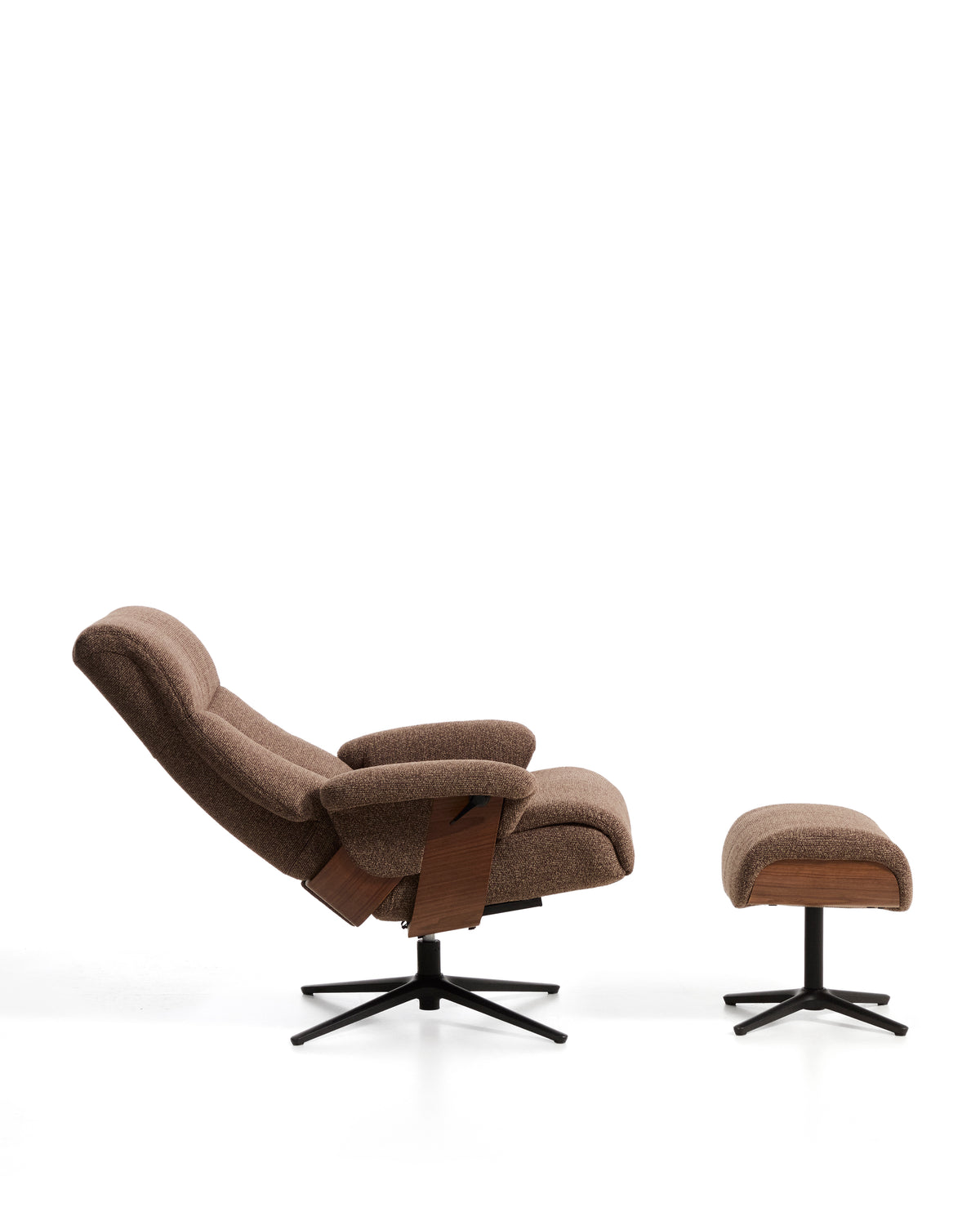 Toriel chocolate brown micro bouclé reclining swivel armchair with footrest and black-finish aluminium legs FSC Mix Credit - Product Image