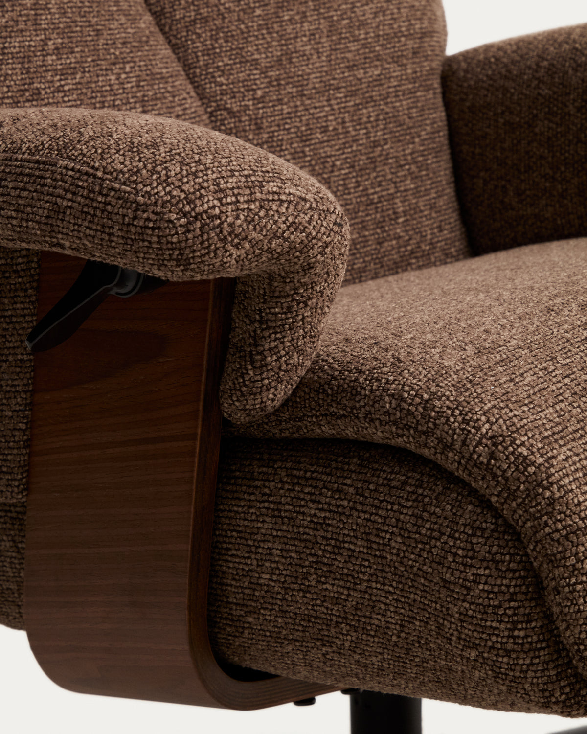 Toriel chocolate brown micro bouclé reclining swivel armchair with footrest and black-finish aluminium legs FSC Mix Credit - Detail