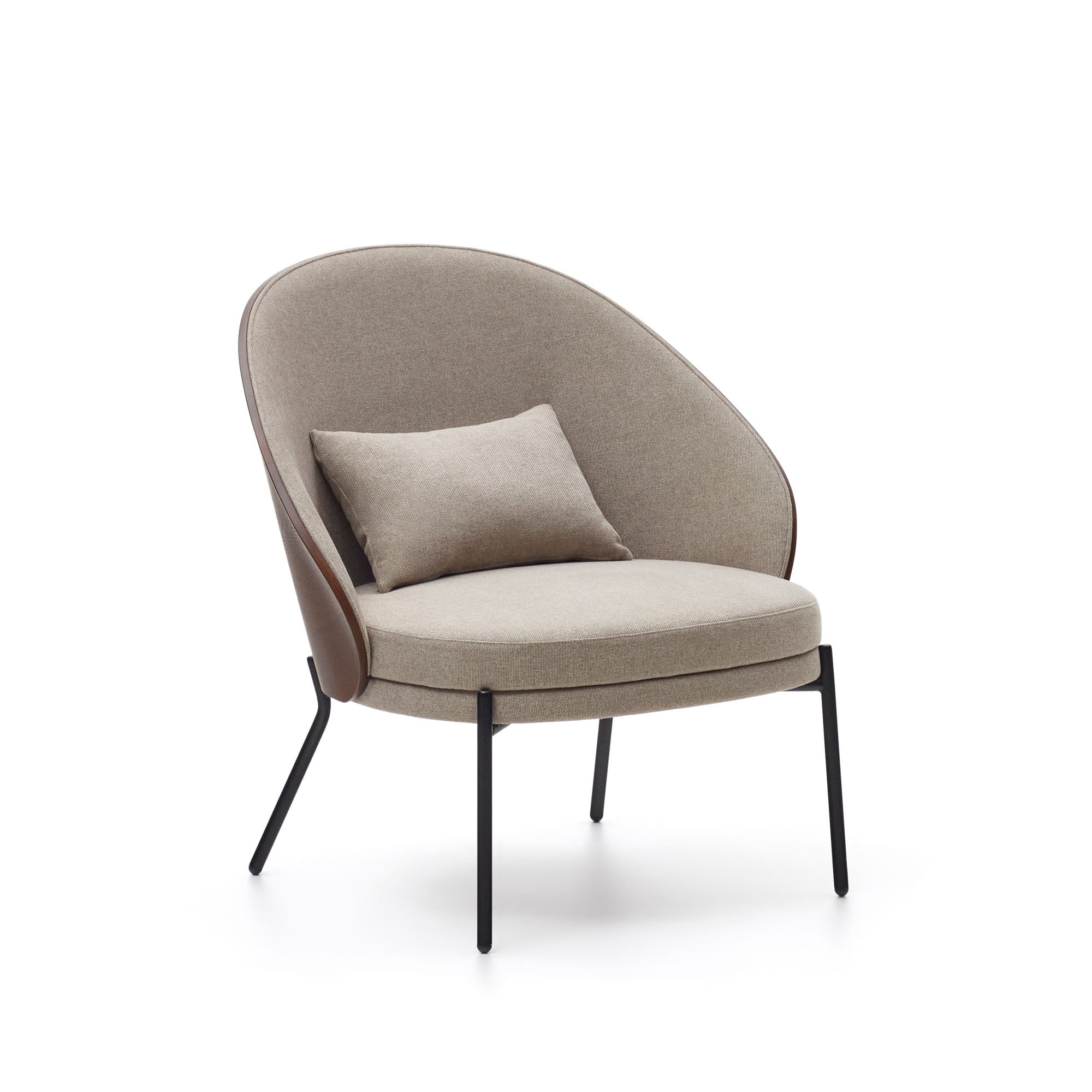 Eamy light brown armchair in an ash wood veneer with a walnut finish and black metal - Product Image