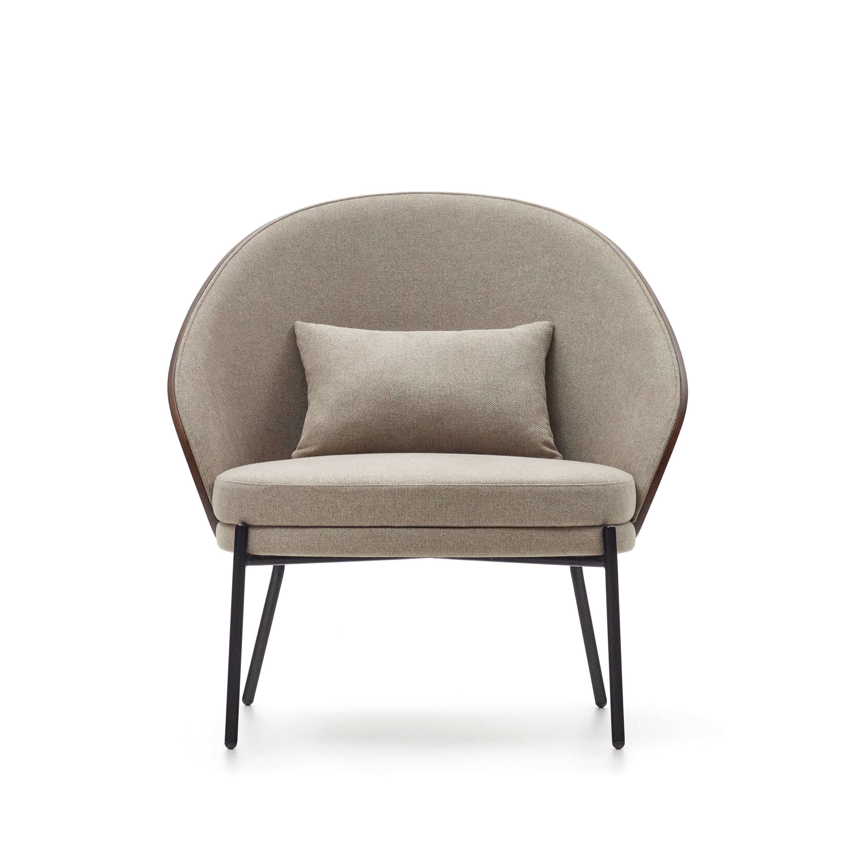 Eamy light brown armchair in an ash wood veneer with a walnut finish and black metal - Product Image