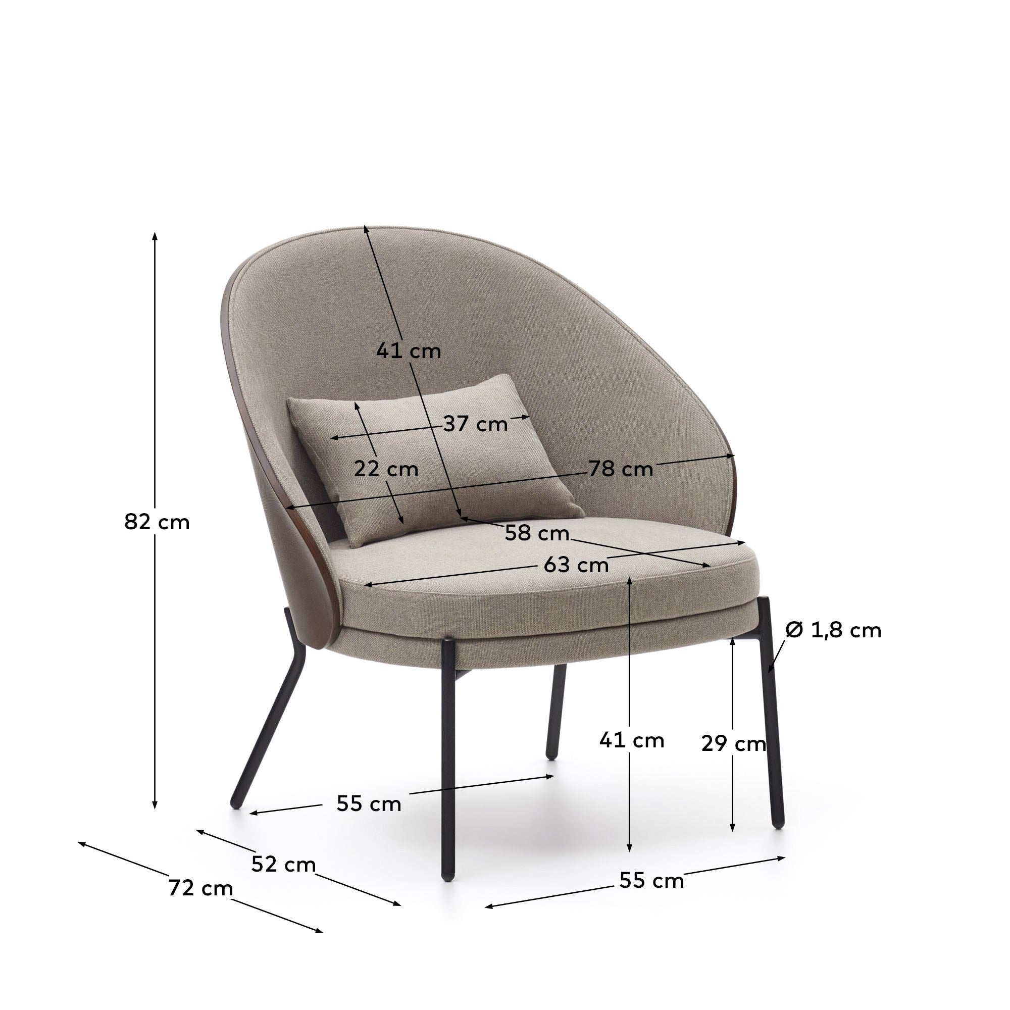Eamy light brown armchair in an ash wood veneer with a walnut finish and black metal - Measurements
