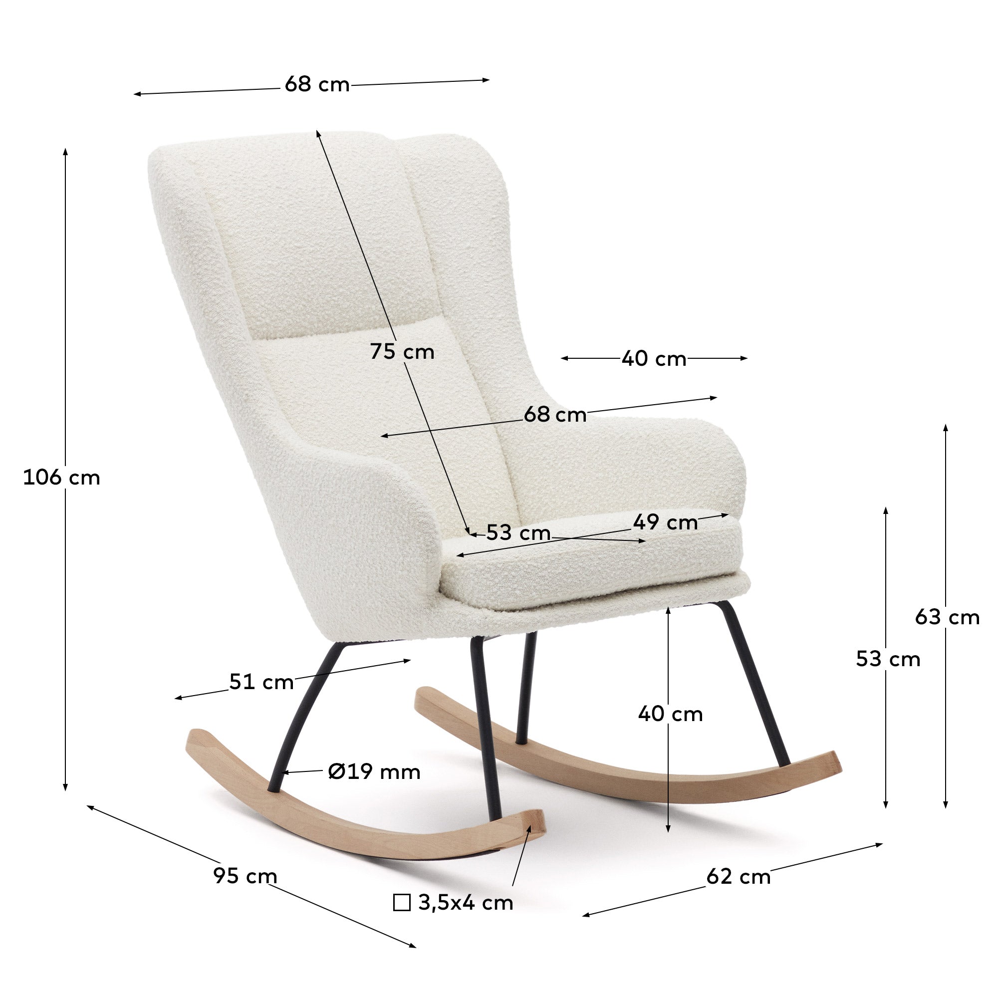 Maustin rocking chair in white bouclé with a black steel structure and beech wood - Measurements