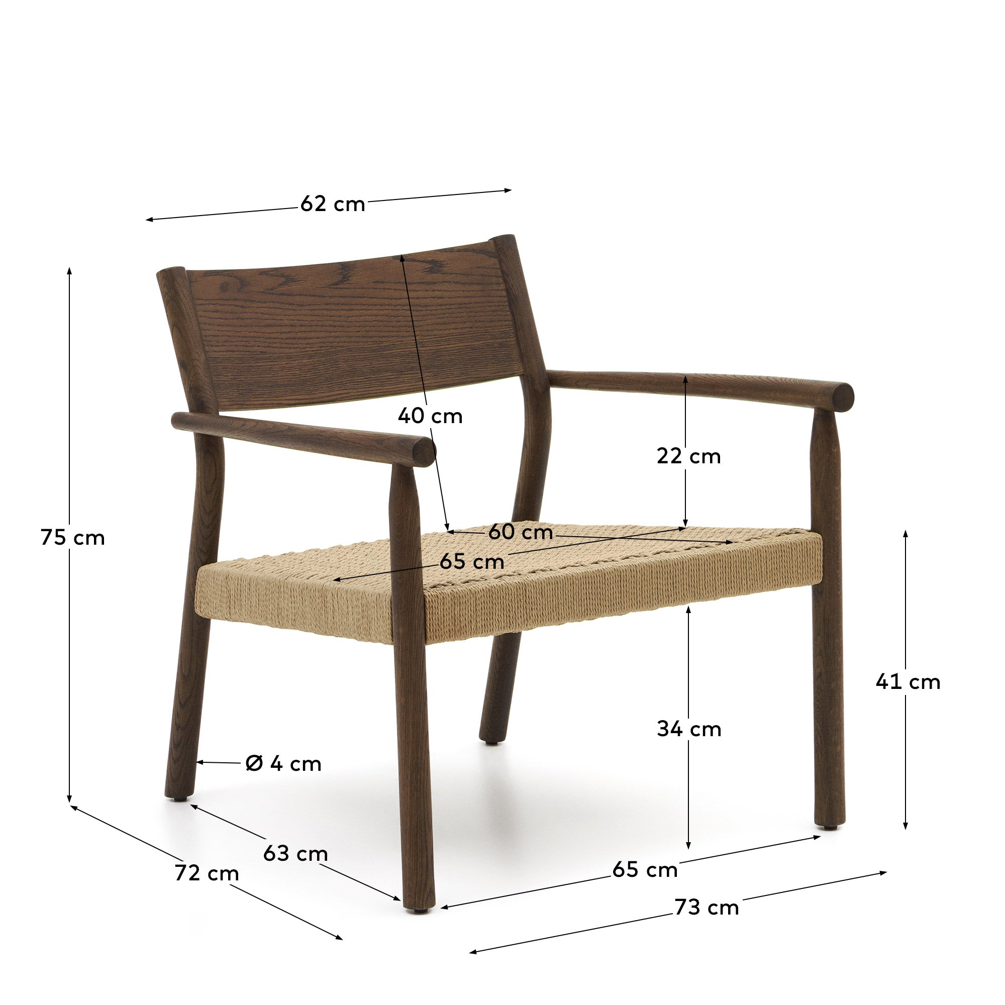 Yalia armchair in solid oak with a walnut finish and paper rope seat FSC 100% - Measurements