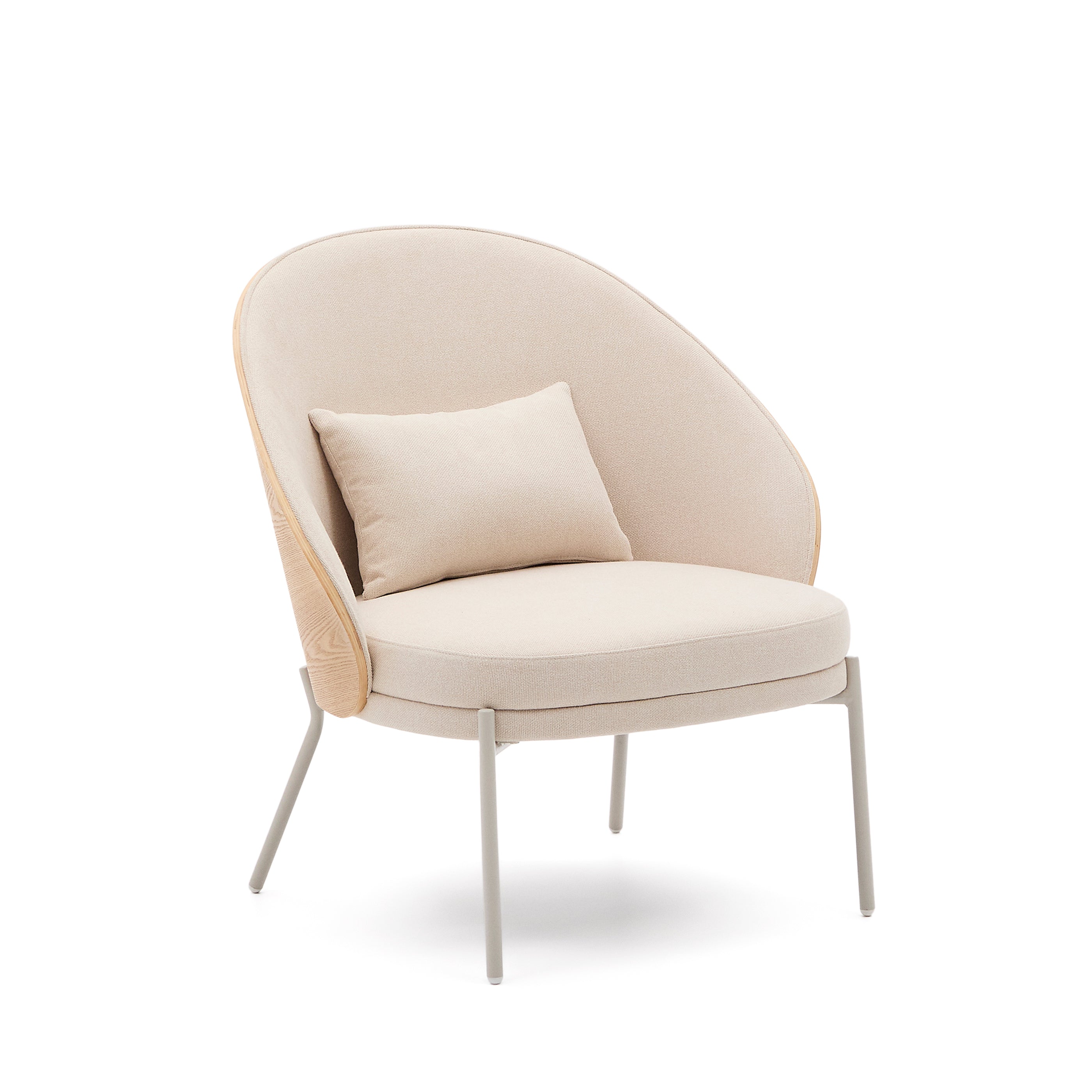Eamy armchair in beige chenille, in a natural finish ash veneer and beige metal - Product Image