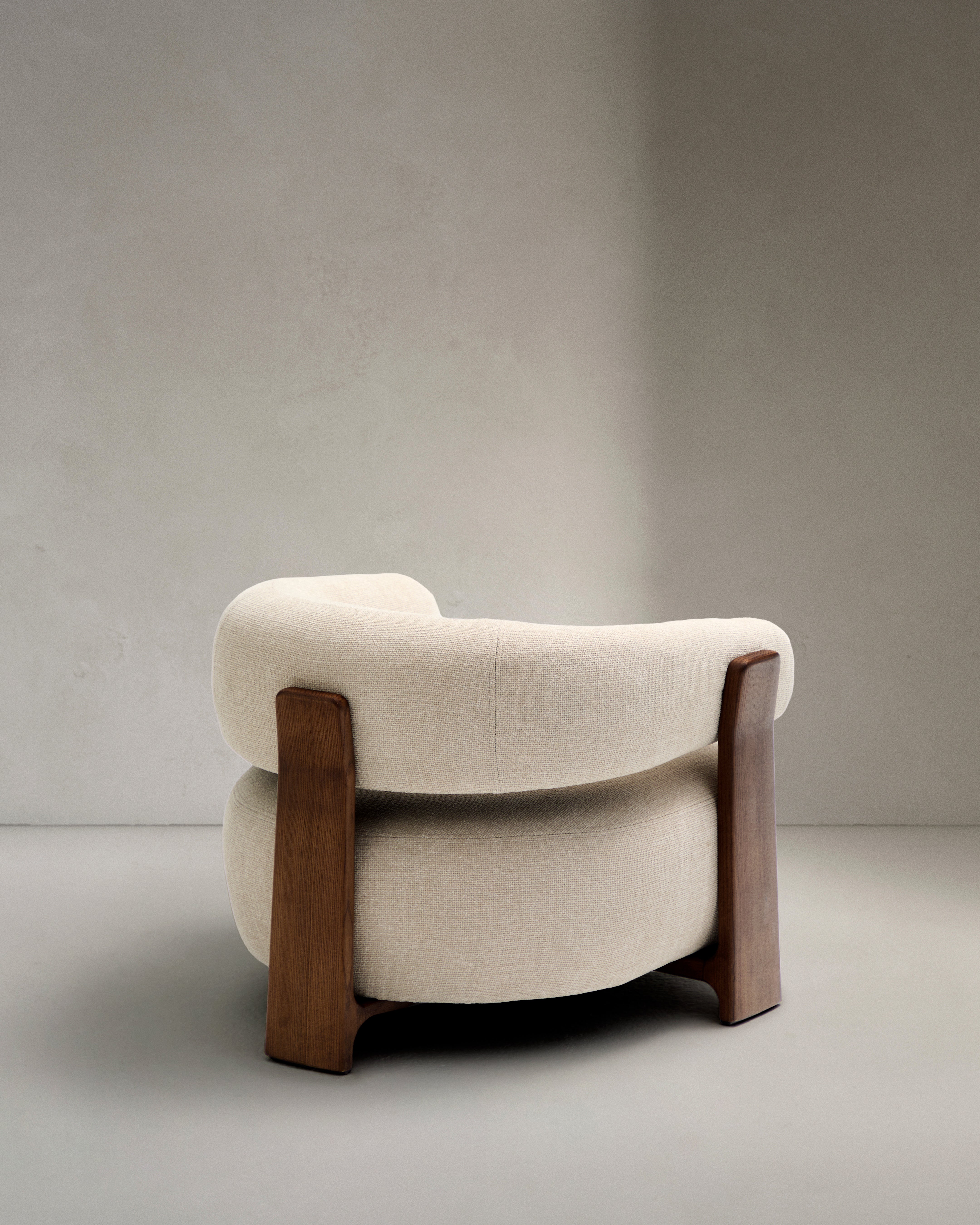 Granite fire-retardant armchair in beige chenille and solid ash wood with walnut-coloured finish FSC 100% - Product Image