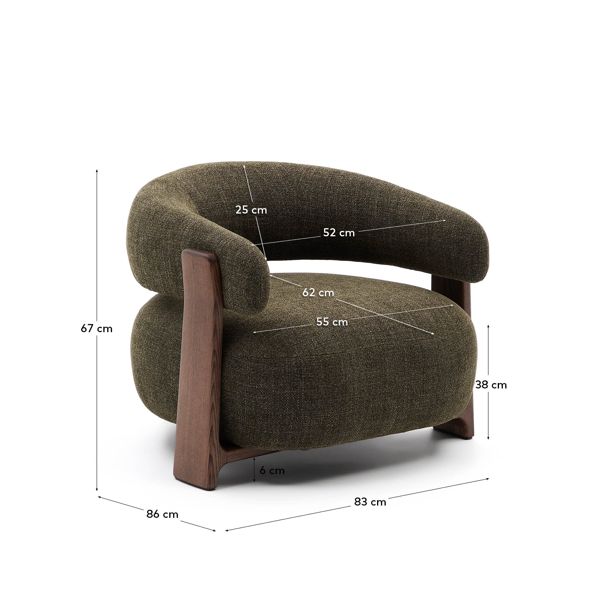 Granite green chenille armchair with solid ash wood legs in a walnut finish FSC 100% - Measurements