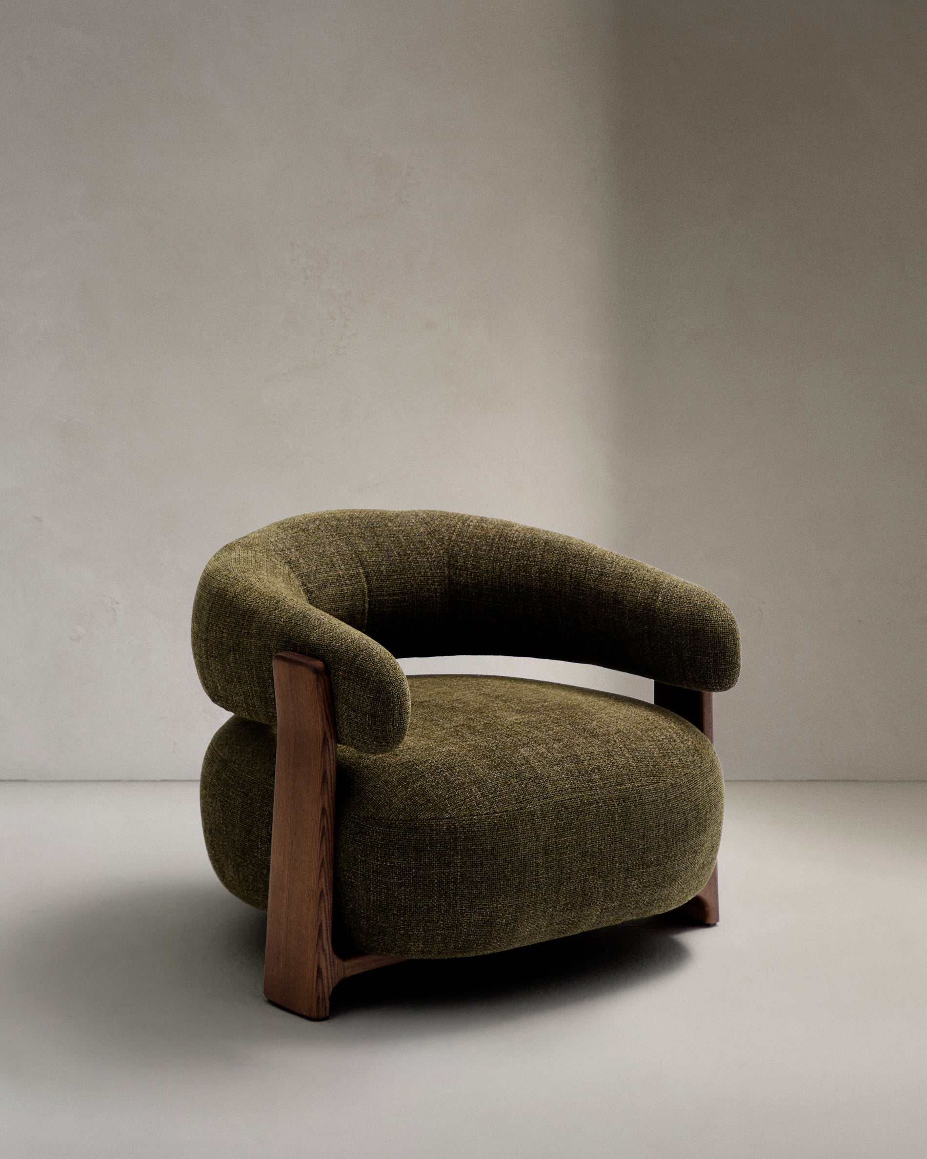 Granite green chenille armchair with solid ash wood legs in a walnut finish FSC 100% - Product View