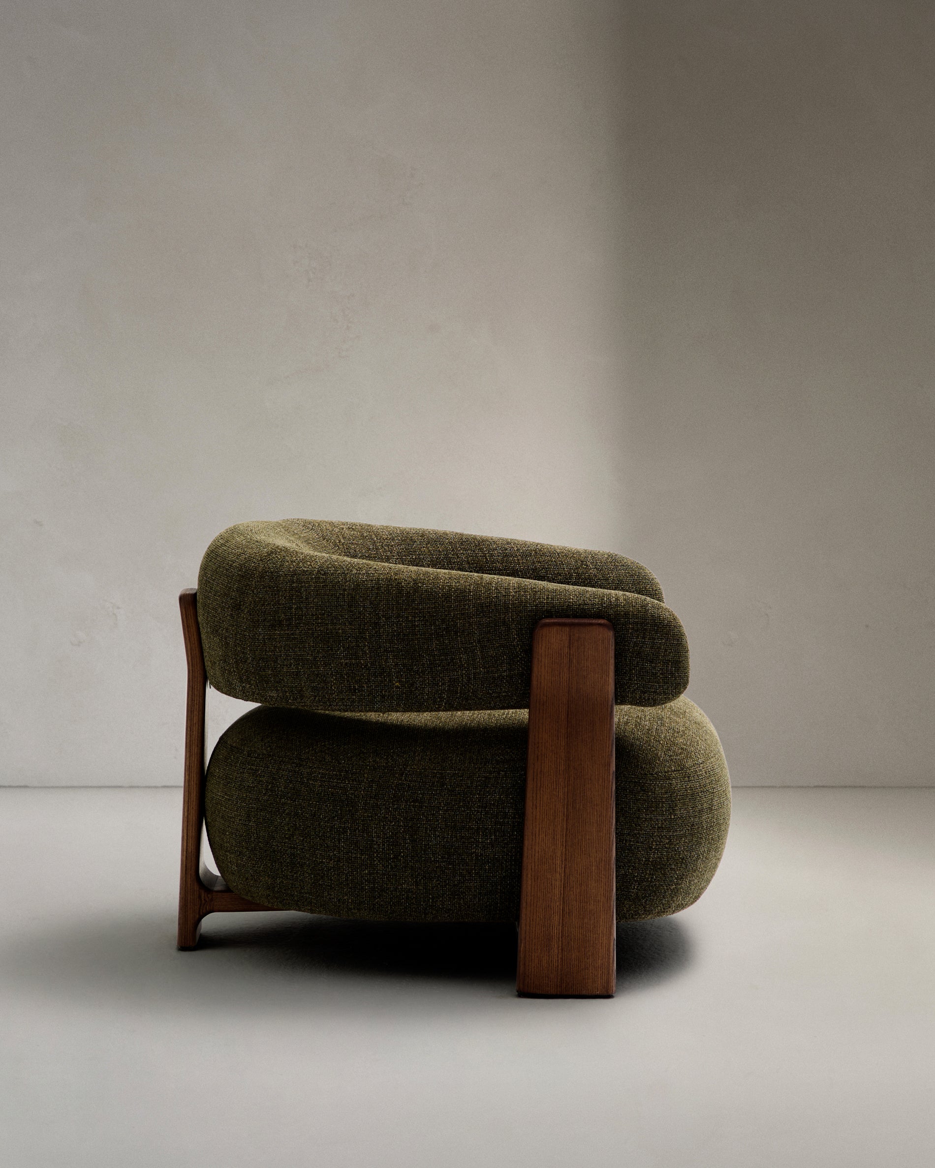 Granite green chenille armchair with solid ash wood legs in a walnut finish FSC 100% - Product View