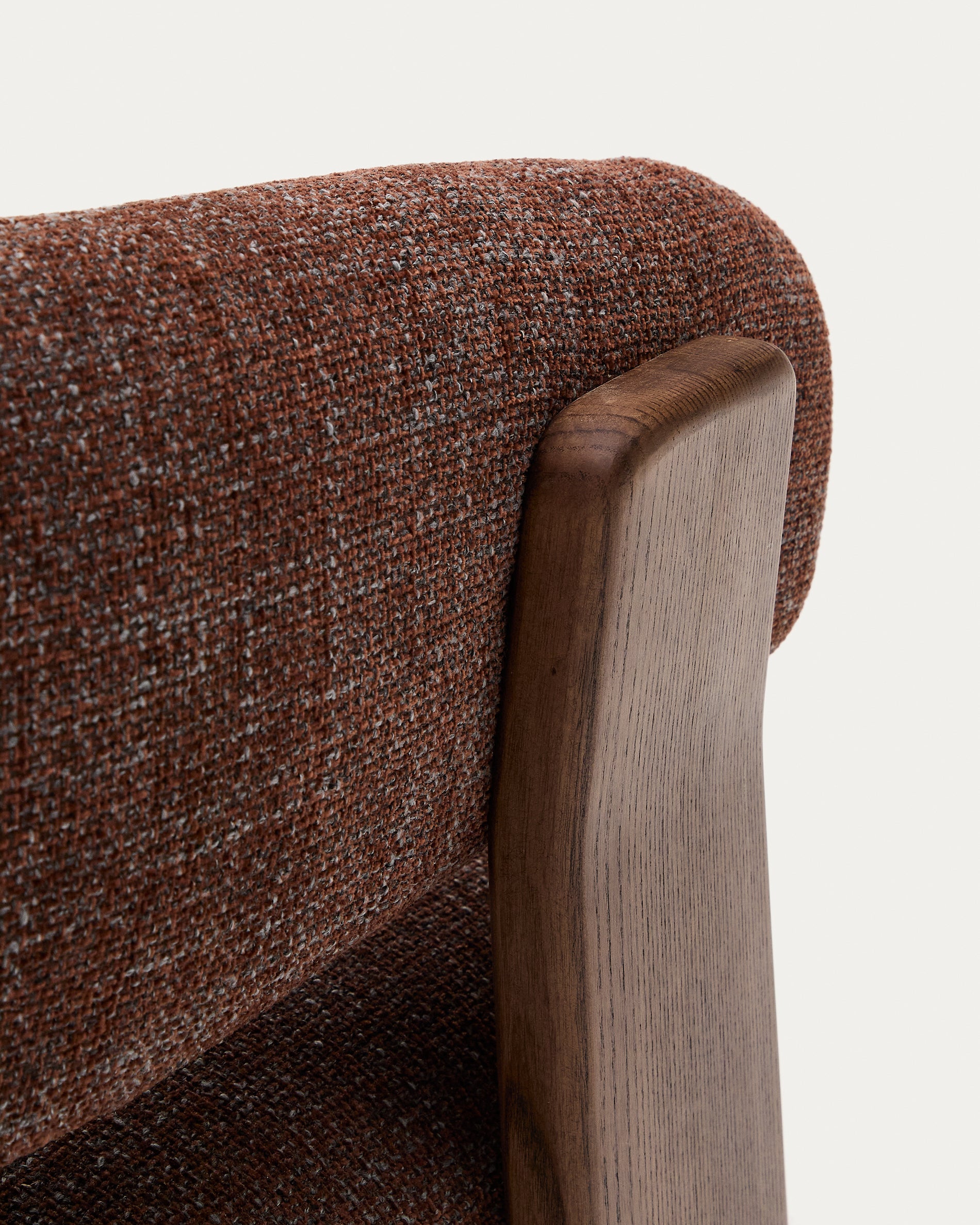 Granite brown chenille armchair with solid ash wood legs in a walnut finish FSC 100% - Detail